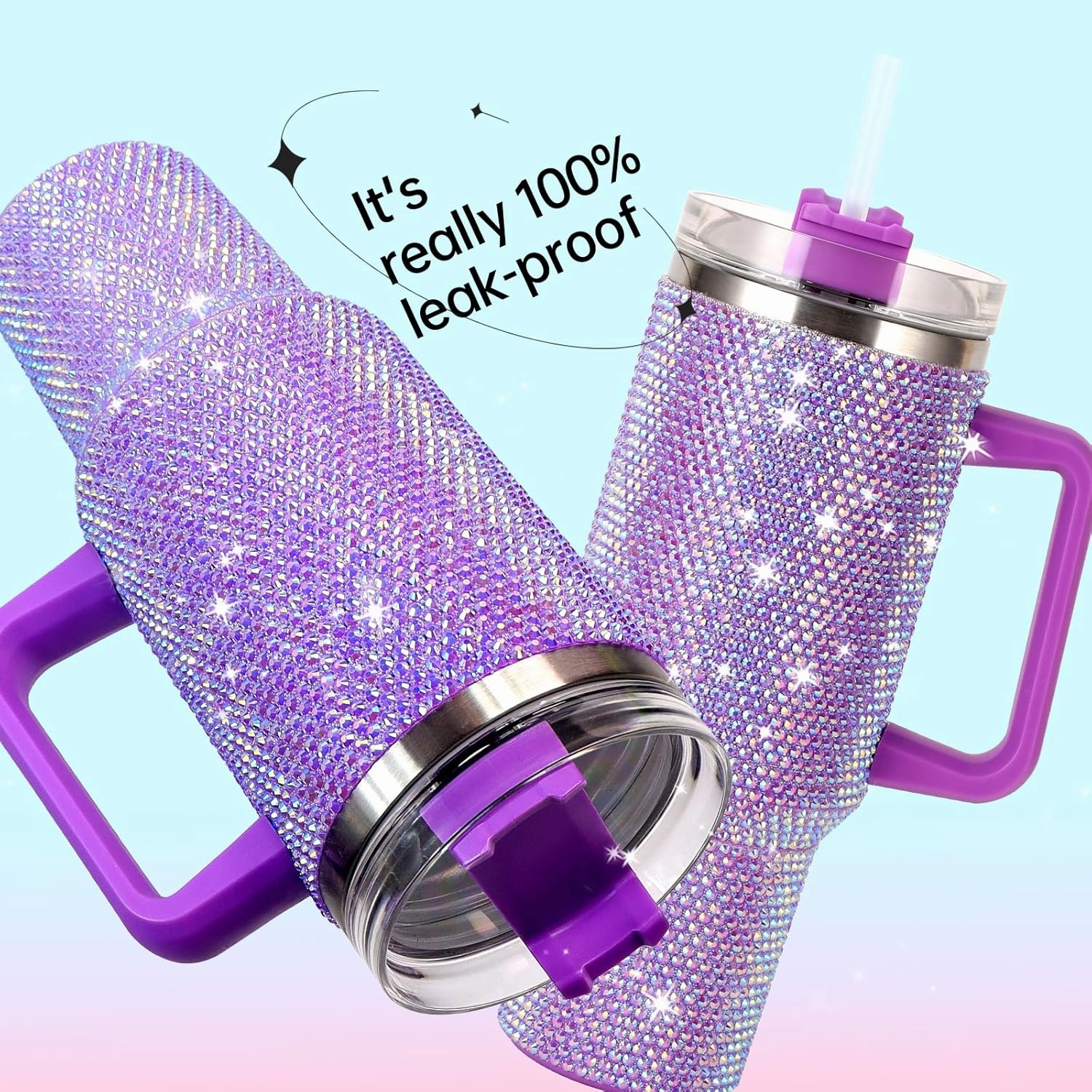 40Oz Bling Tumbler With Handle Studded Rhinestone Tumbler Glitter Cups with Lid Stainless Steel Vacuum Thermal with Straw for Ice Cold or Warm Drinking for Women Cup (Purple Shiny)