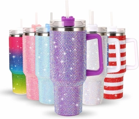 40Oz Bling Tumbler With Handle Studded Rhinestone Tumbler Glitter Cups with Lid Stainless Steel Vacuum Thermal with Straw for Ice Cold or Warm Drinking for Women Cup (Purple Shiny)