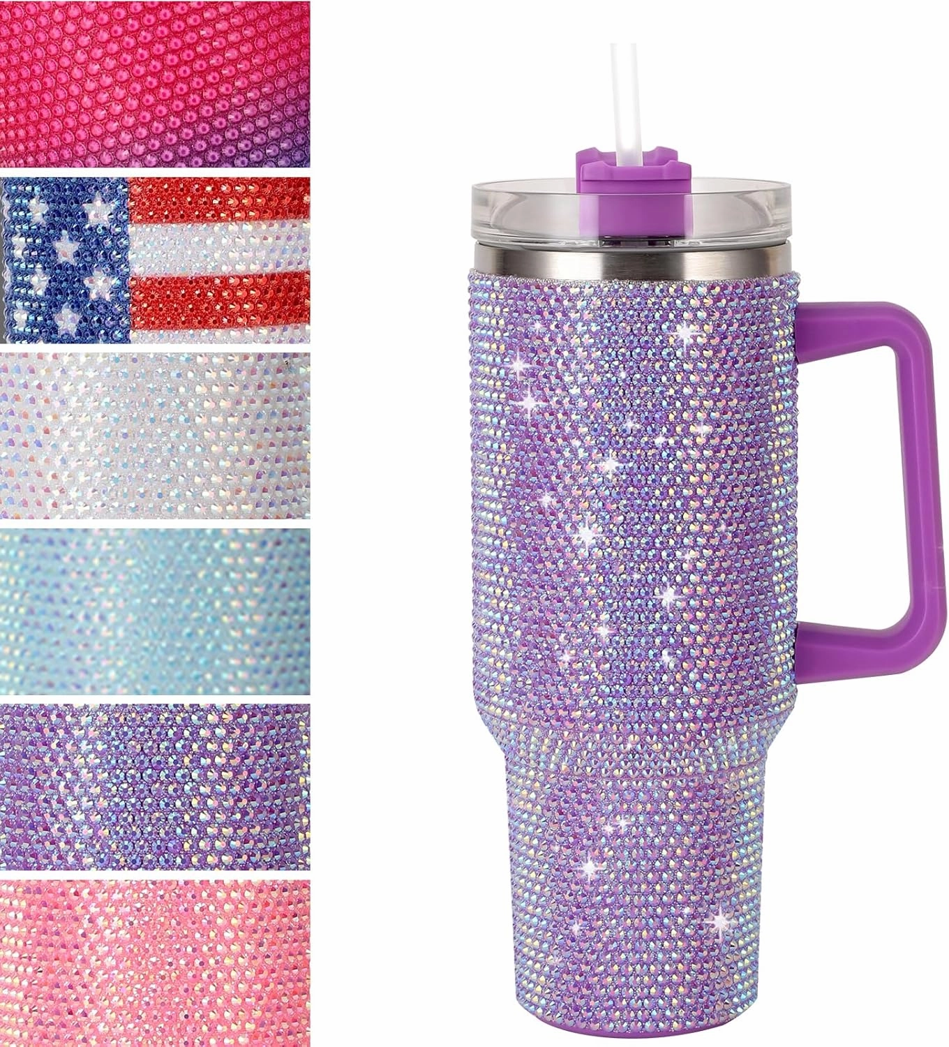 40Oz Bling Tumbler With Handle Studded Rhinestone Tumbler Glitter Cups with Lid Stainless Steel Vacuum Thermal with Straw for Ice Cold or Warm Drinking for Women Cup (Purple Shiny)
