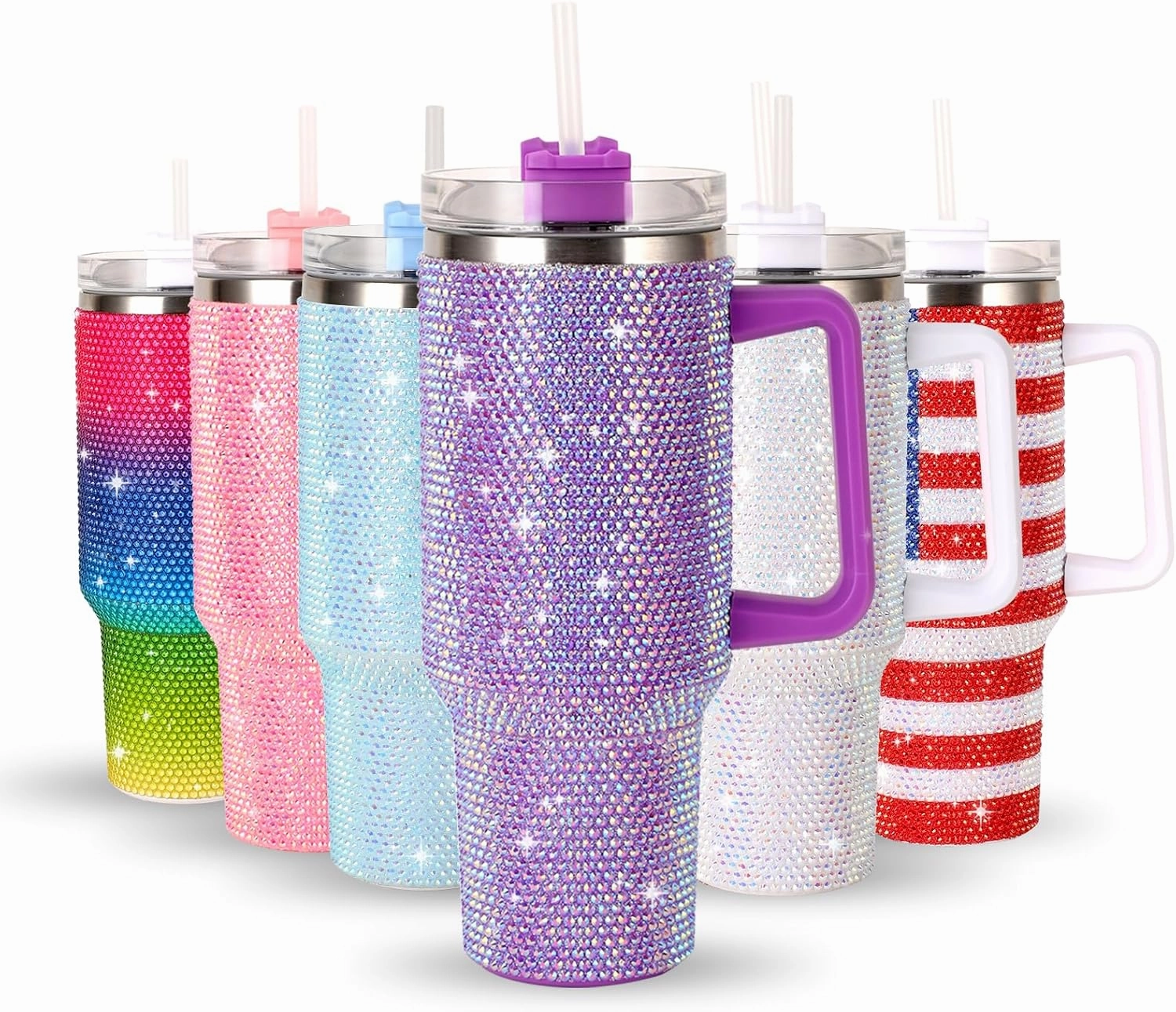 40Oz Bling Tumbler With Handle Studded Rhinestone Tumbler Glitter Cups with Lid Stainless Steel Vacuum Thermal with Straw for Ice Cold or Warm Drinking for Women Cup (Purple Shiny)