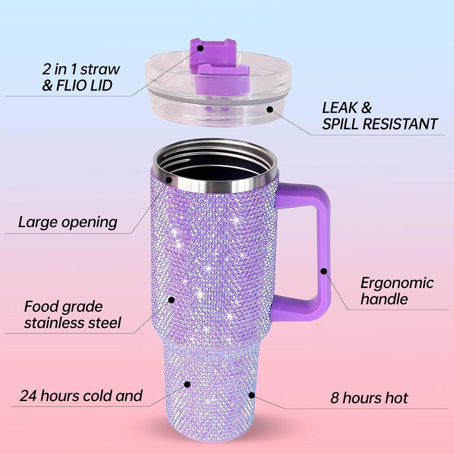 40Oz Bling Tumbler With Handle Studded Rhinestone Tumbler Glitter Cups with Lid Stainless Steel Vacuum Thermal with Straw for Ice Cold or Warm Drinking for Women Cup (Purple Shiny)