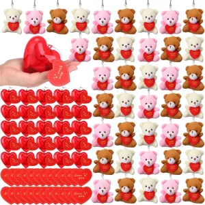 48 Pack Valentine Gift Bears in Bulk Party Favors Mini Animal Plush Toy with Heart Shape Boxes and Gift Cards Keychain Decoration for Kids School Exchange Holiday Prize
