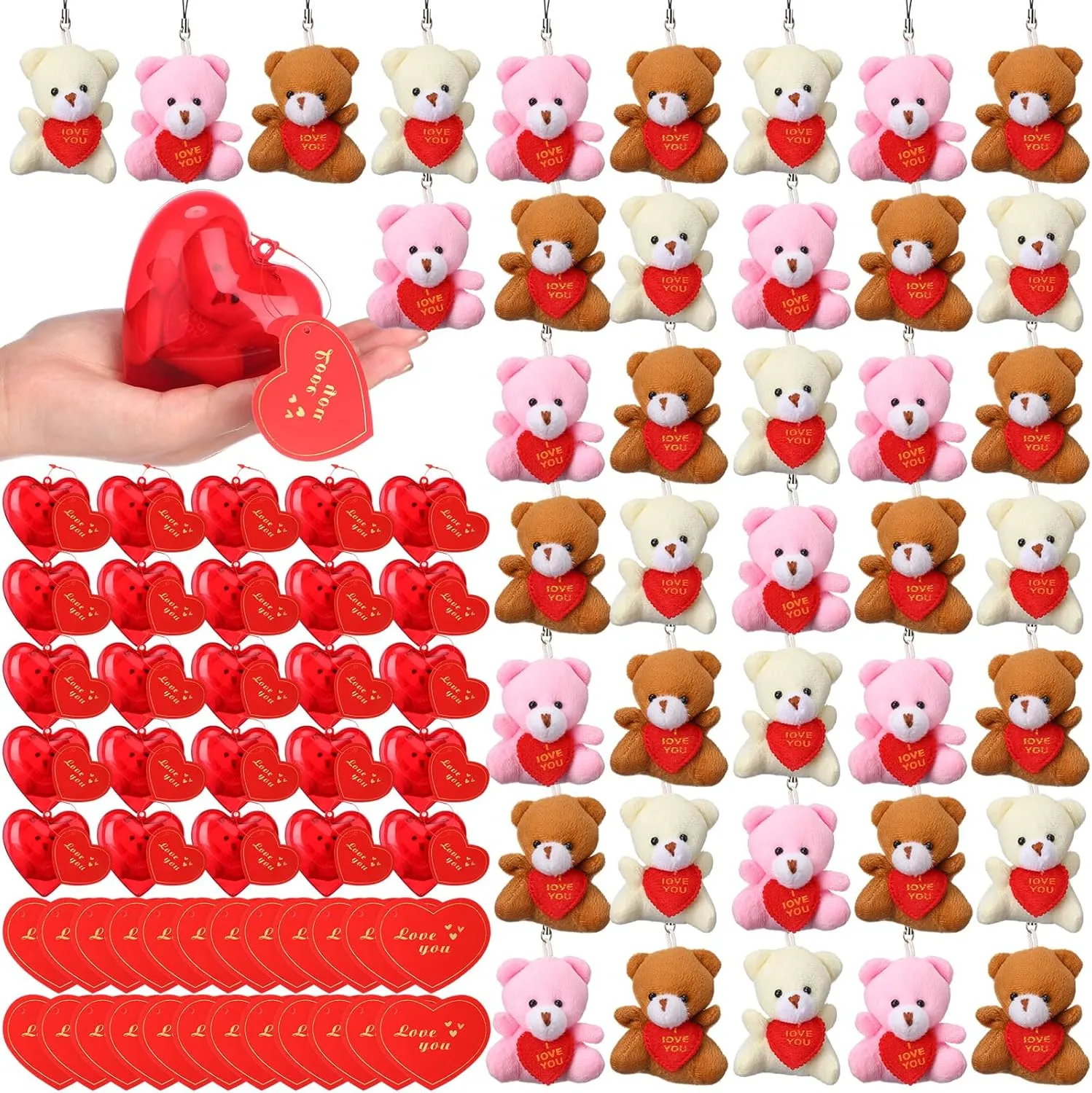 48 Pack Valentine Gift Bears in Bulk Party Favors Mini Animal Plush Toy with Heart Shape Boxes and Gift Cards Keychain Decoration for Kids School Exchange Holiday Prize