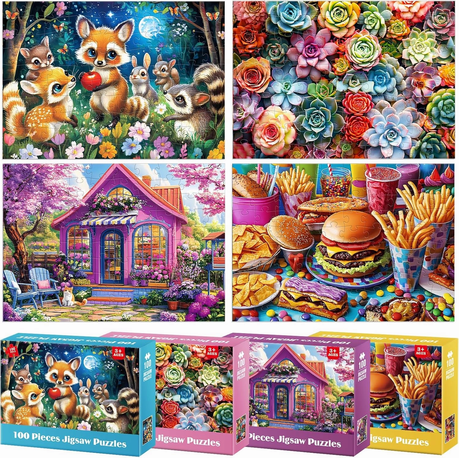 4 Packs 100 Piece Puzzles for Kids - Food Animals Scenery, Large Piece Puzzles for Seniors Adults Kid Puzzle Ages 5-8 Jigsaw Puzzle for Kids Ages 6-8 8-10 Learning Educational Toys