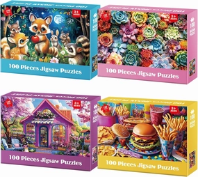 4 Packs 100 Piece Puzzles for Kids - Food Animals Scenery, Large Piece Puzzles for Seniors Adults Kid Puzzle Ages 5-8 Jigsaw Puzzle for Kids Ages 6-8 8-10 Learning Educational Toys