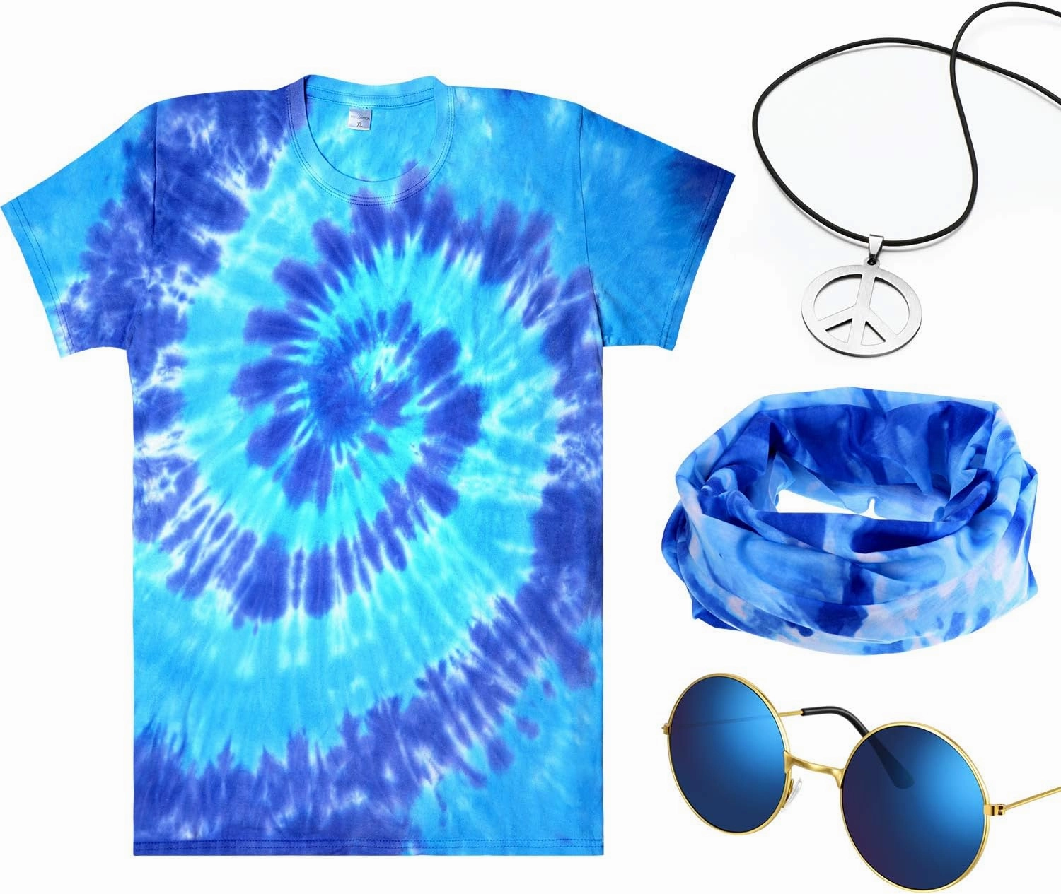 4 Pieces Hippie Costume Set, Include Colorful Tie-Dye T-Shirt, Peace Sign Necklace, Headband and Sunglasses for Theme Parties