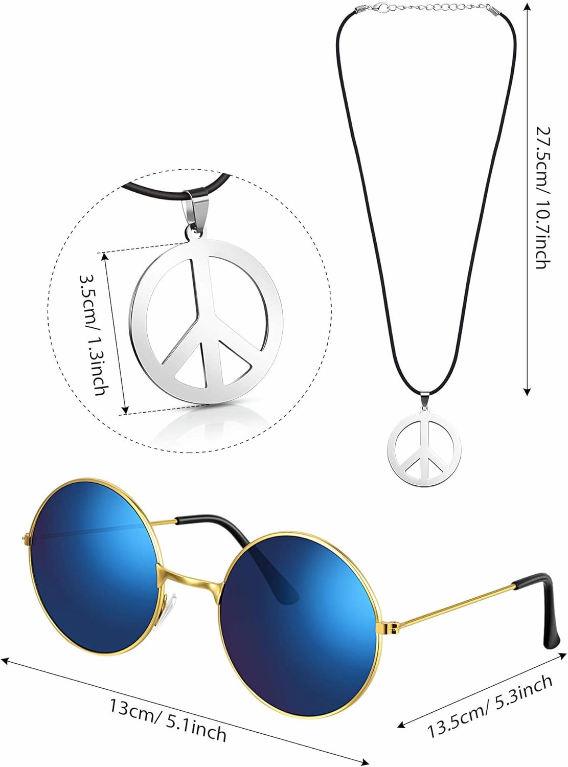 4 Pieces Hippie Costume Set, Include Colorful Tie-Dye T-Shirt, Peace Sign Necklace, Headband and Sunglasses for Theme Parties