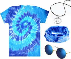 4 Pieces Hippie Costume Set, Include Colorful Tie-Dye T-Shirt, Peace Sign Necklace, Headband and Sunglasses for Theme Parties