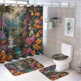 4Pcs Vintage Colorful Floral Shower Curtain Set, Tropical Palm Tree Jungle Stream Bathroom Decor Set with Rug Bathroom Accessory Bathroom Curtain Shower Set, 72" x 72"