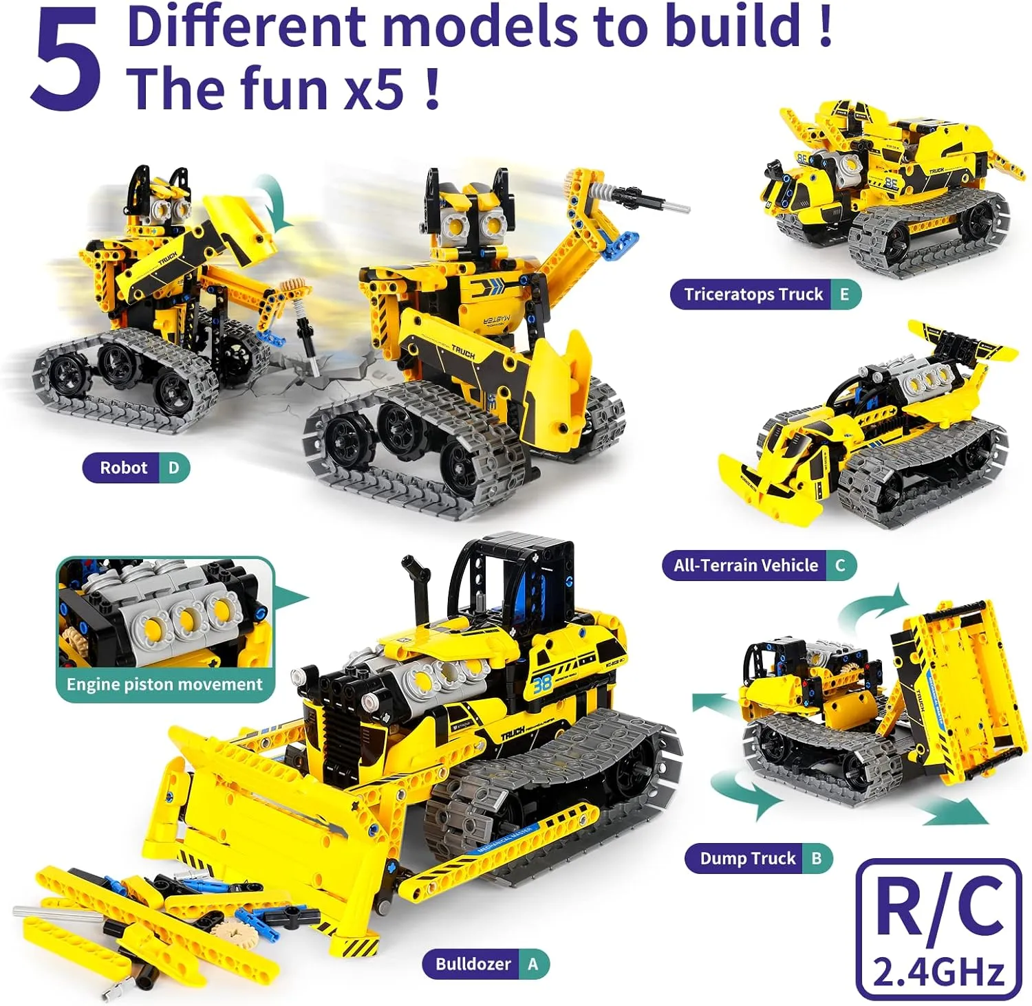 5 in 1 STEM Robot Toy Building Kit, 452 PCS Blocks App & Remote Control Engineering Toys Robotics for Kids Ages 8-12, RC Bulldozer Erector Sets for Boys Girls 6 7 9 10 11 13 14  Birthday Gifts
