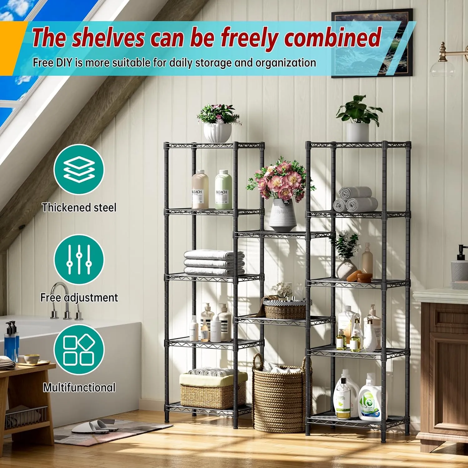 6 Tier Adjustable Storage Shelves Narrow Mesh Gaps Metal Utility Shelf Wire Shelving Unit Organizer Rack for Home Kitchen Office Bathroom Pantry Room10 D x 16" W x 60" H Black