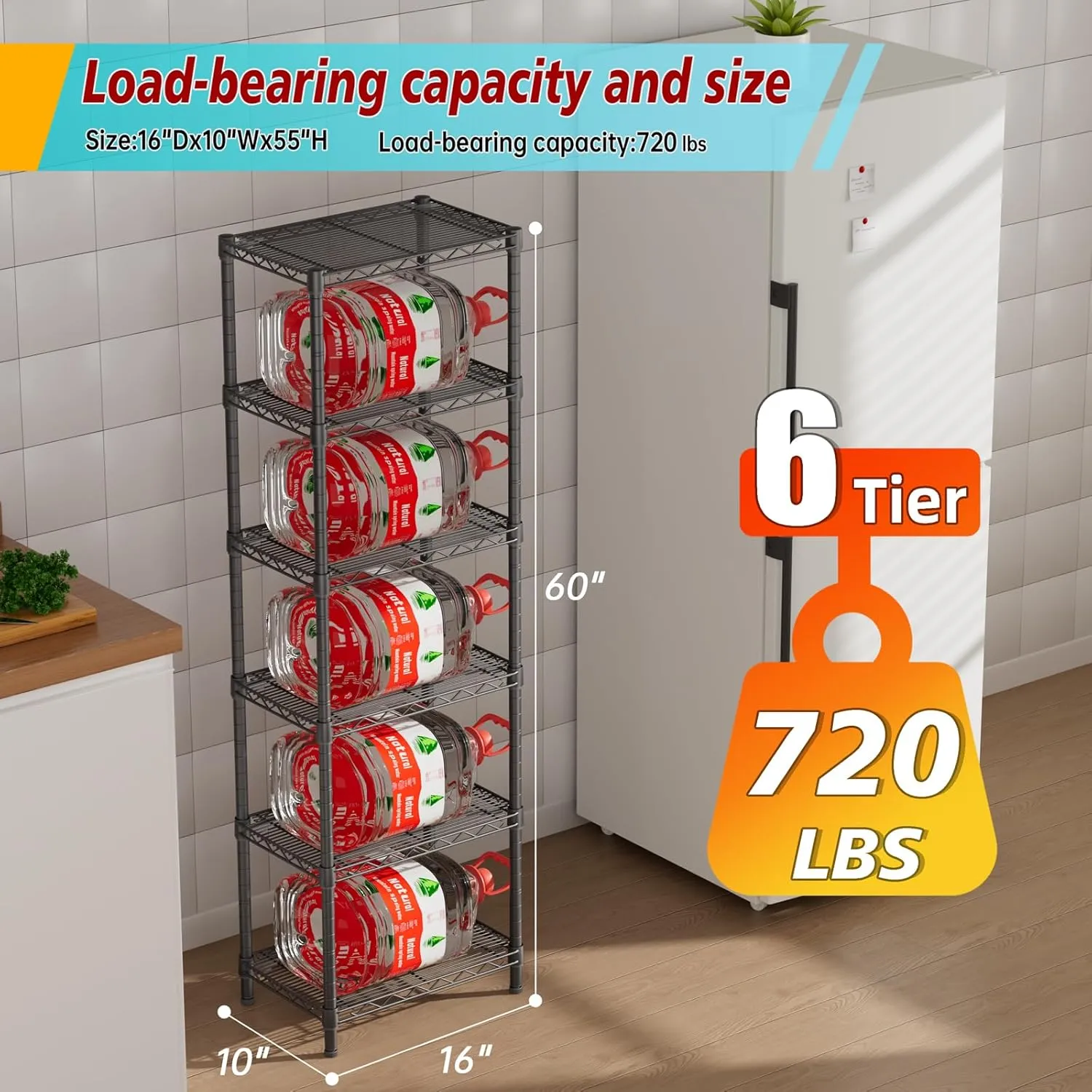 6 Tier Adjustable Storage Shelves Narrow Mesh Gaps Metal Utility Shelf Wire Shelving Unit Organizer Rack for Home Kitchen Office Bathroom Pantry Room10 D x 16" W x 60" H Black