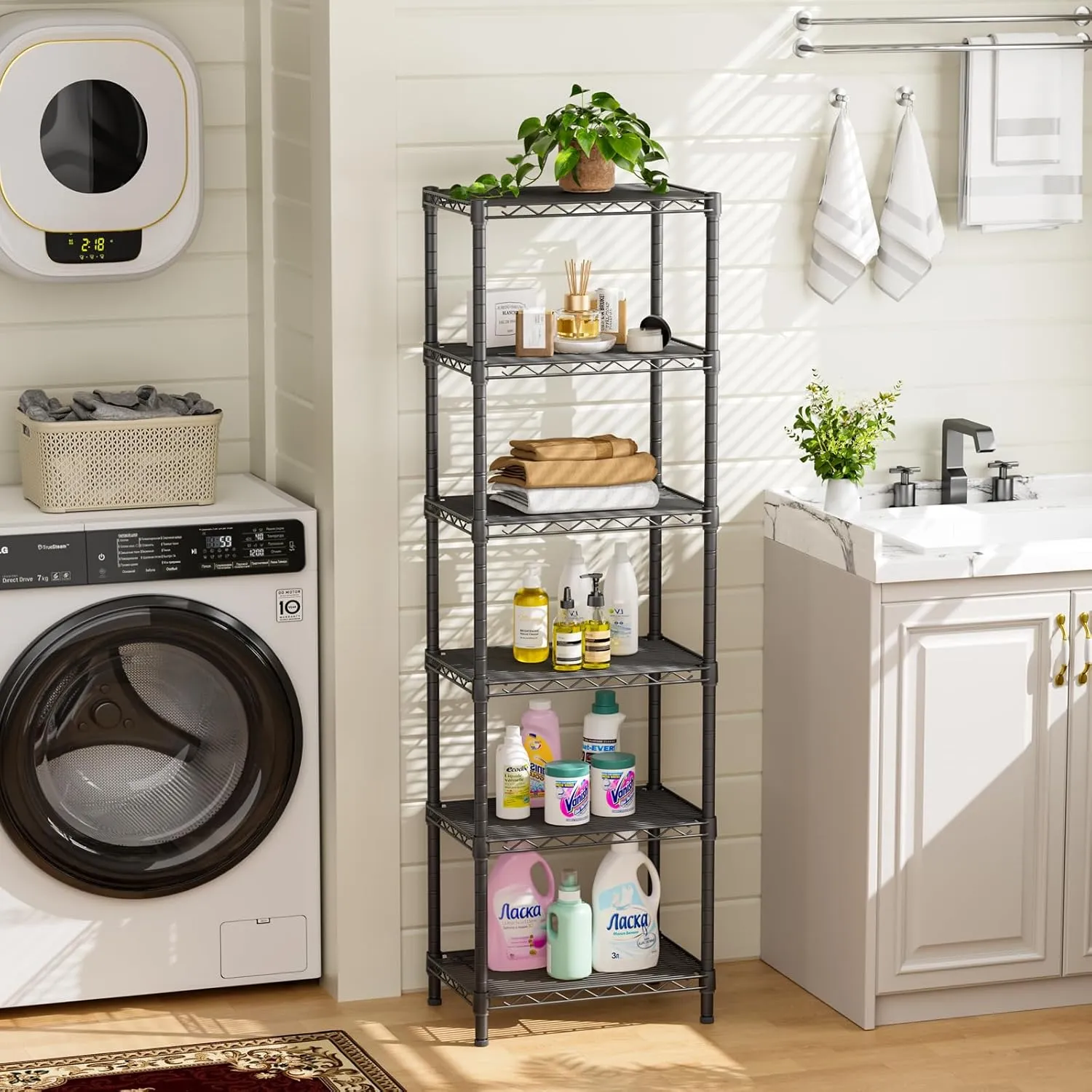 6 Tier Adjustable Storage Shelves Narrow Mesh Gaps Metal Utility Shelf Wire Shelving Unit Organizer Rack for Home Kitchen Office Bathroom Pantry Room10 D x 16" W x 60" H Black