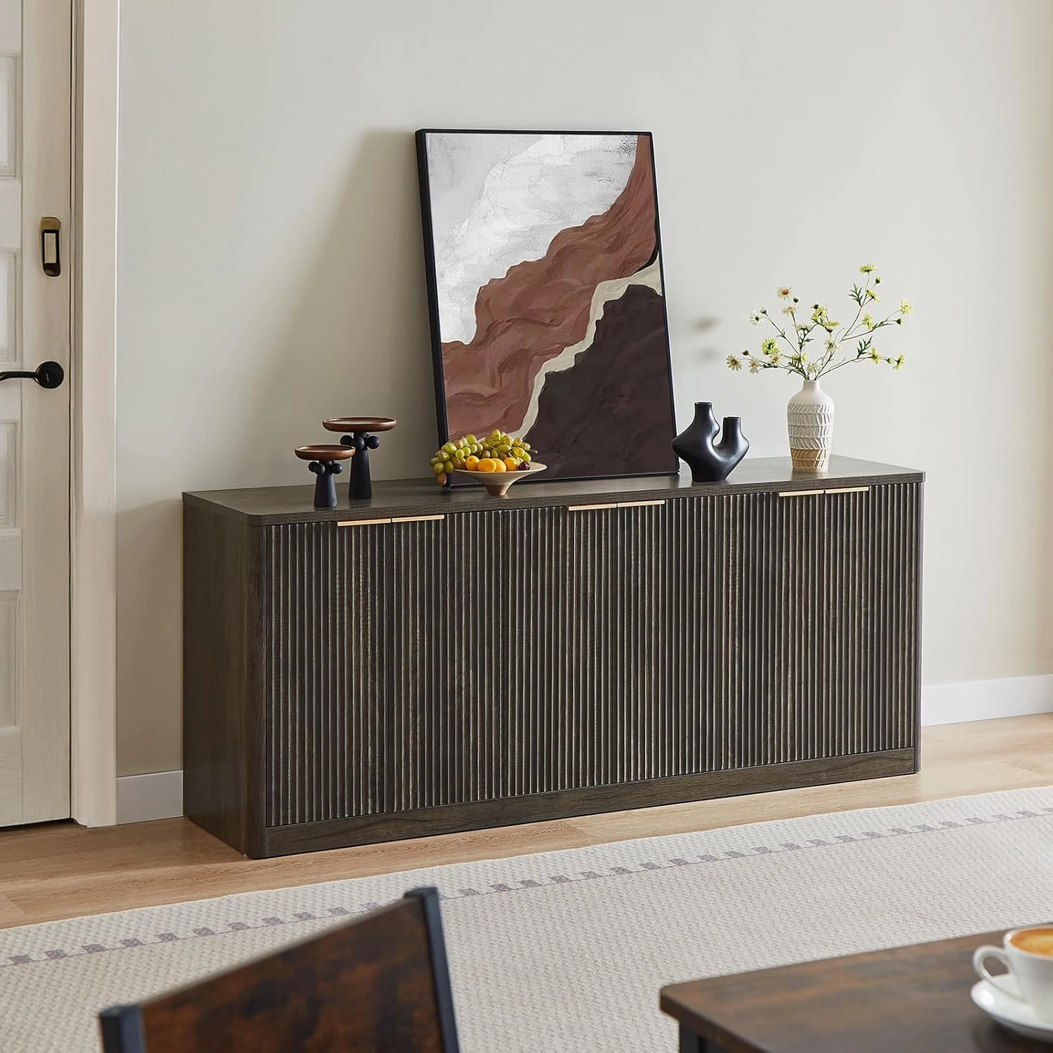 67" Fluted Grey Sideboard Buffet Cabinet with Storage, Large Buffet Cabinet with 6 Doors, Wood Mid Century Modern Sideboard for Kitchen and Living Room