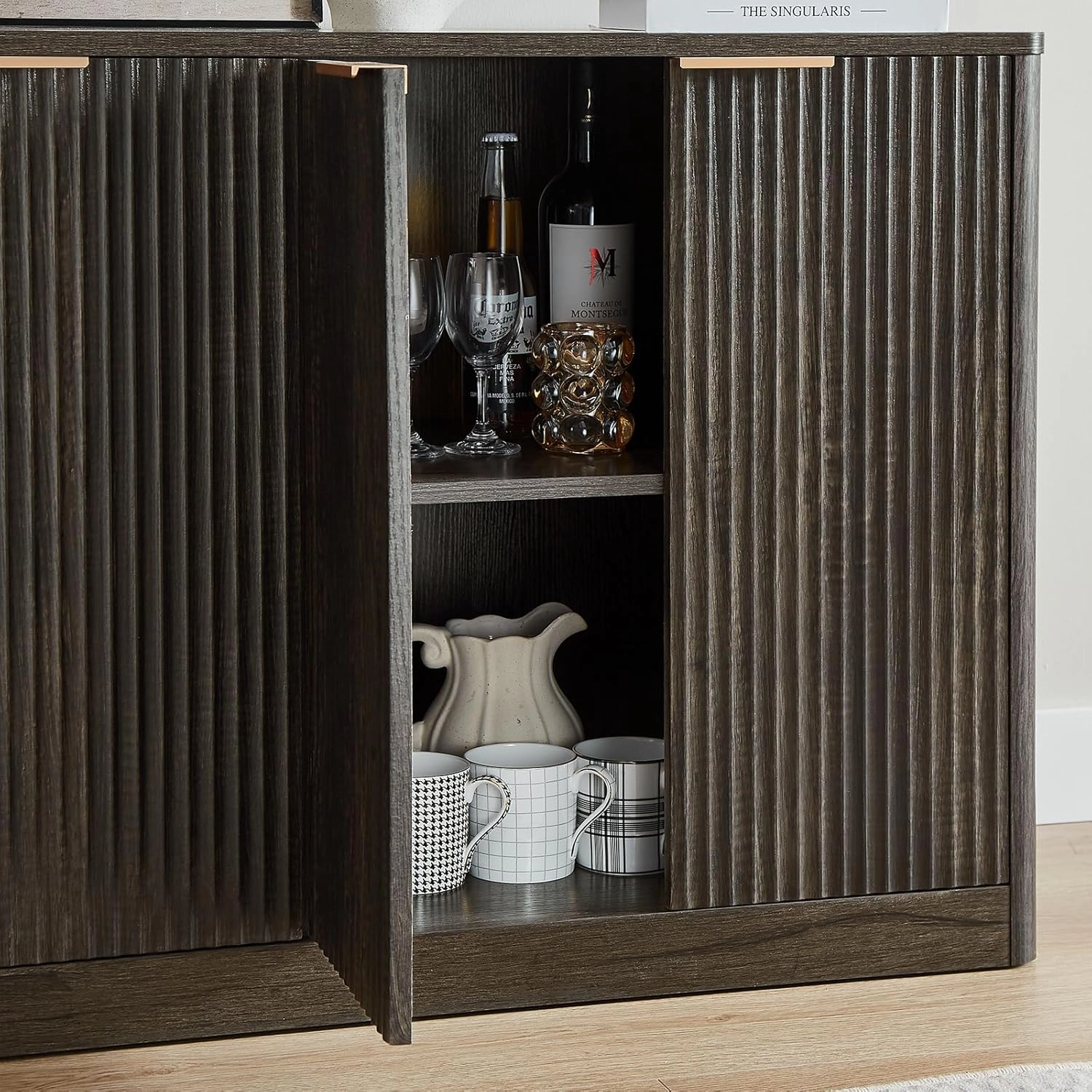 67" Fluted Grey Sideboard Buffet Cabinet with Storage, Large Buffet Cabinet with 6 Doors, Wood Mid Century Modern Sideboard for Kitchen and Living Room