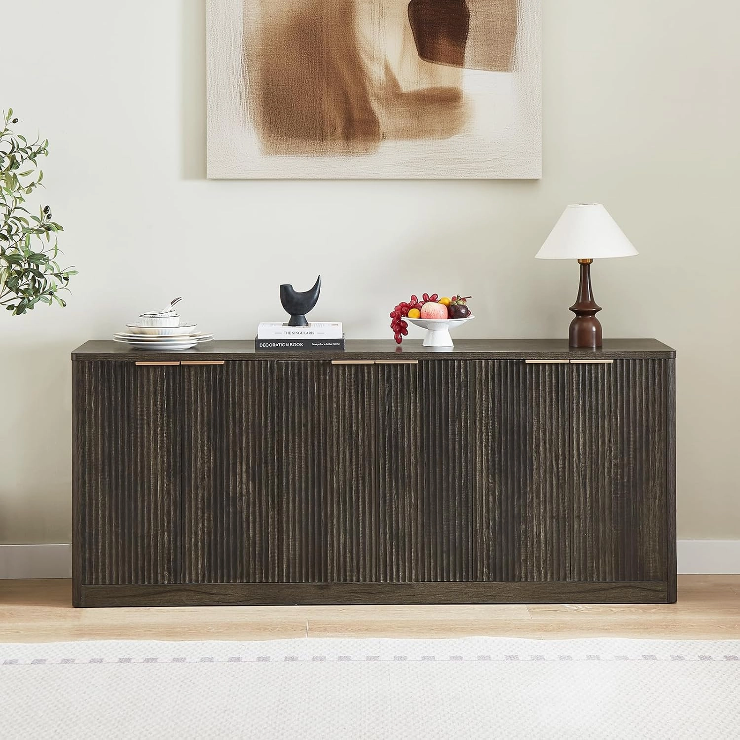67" Fluted Grey Sideboard Buffet Cabinet with Storage, Large Buffet Cabinet with 6 Doors, Wood Mid Century Modern Sideboard for Kitchen and Living Room