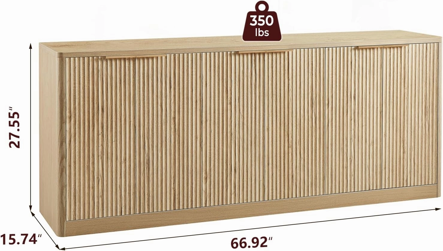 67" Fluted Oak Sideboard Buffet Cabinet with Storage, Large Buffet Cabinet with 6 Doors, Wood Mid Century Modern Sideboard for Kitchen and Living Room (67"*27.5"*15.7")