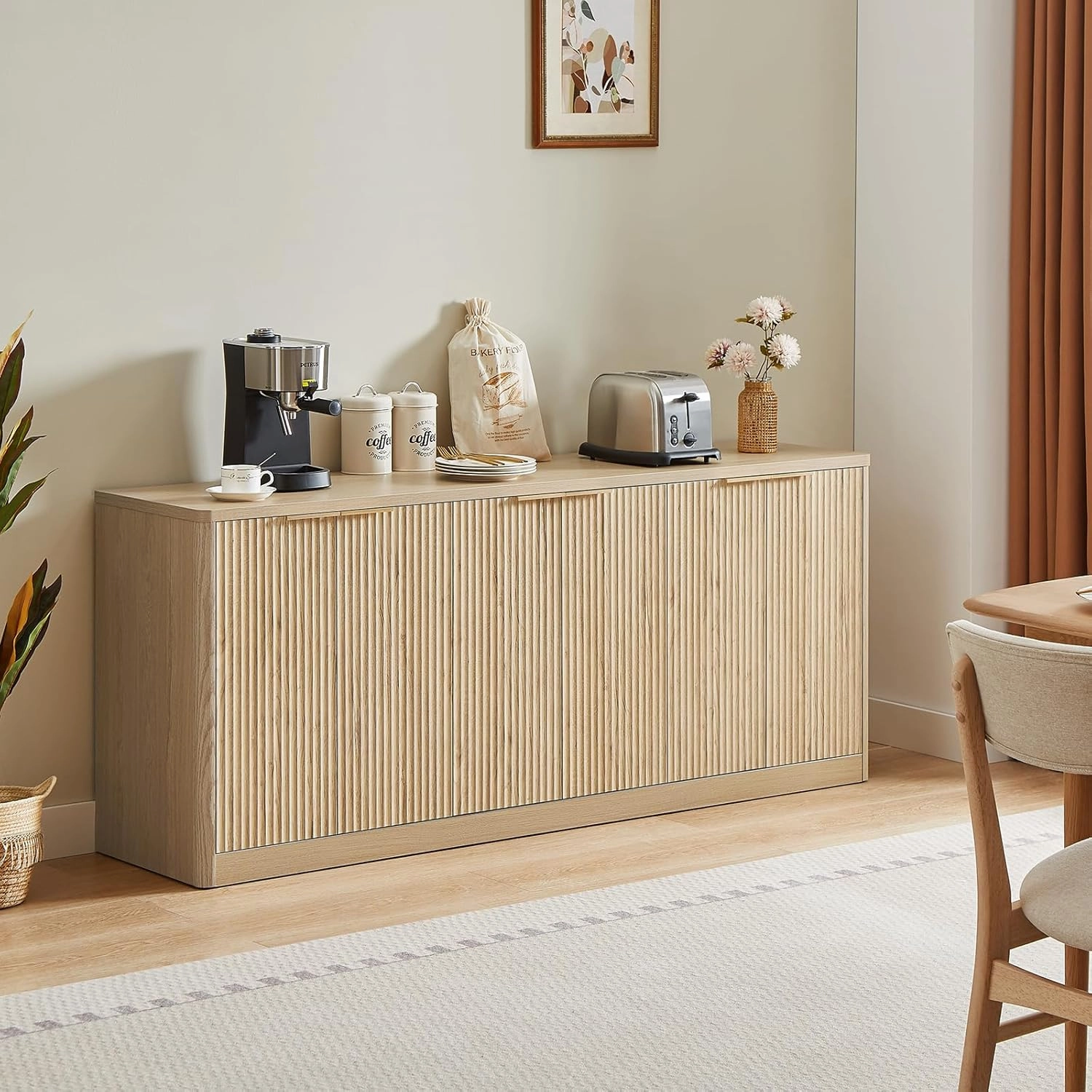 67" Fluted Oak Sideboard Buffet Cabinet with Storage, Large Buffet Cabinet with 6 Doors, Wood Mid Century Modern Sideboard for Kitchen and Living Room (67"*27.5"*15.7")
