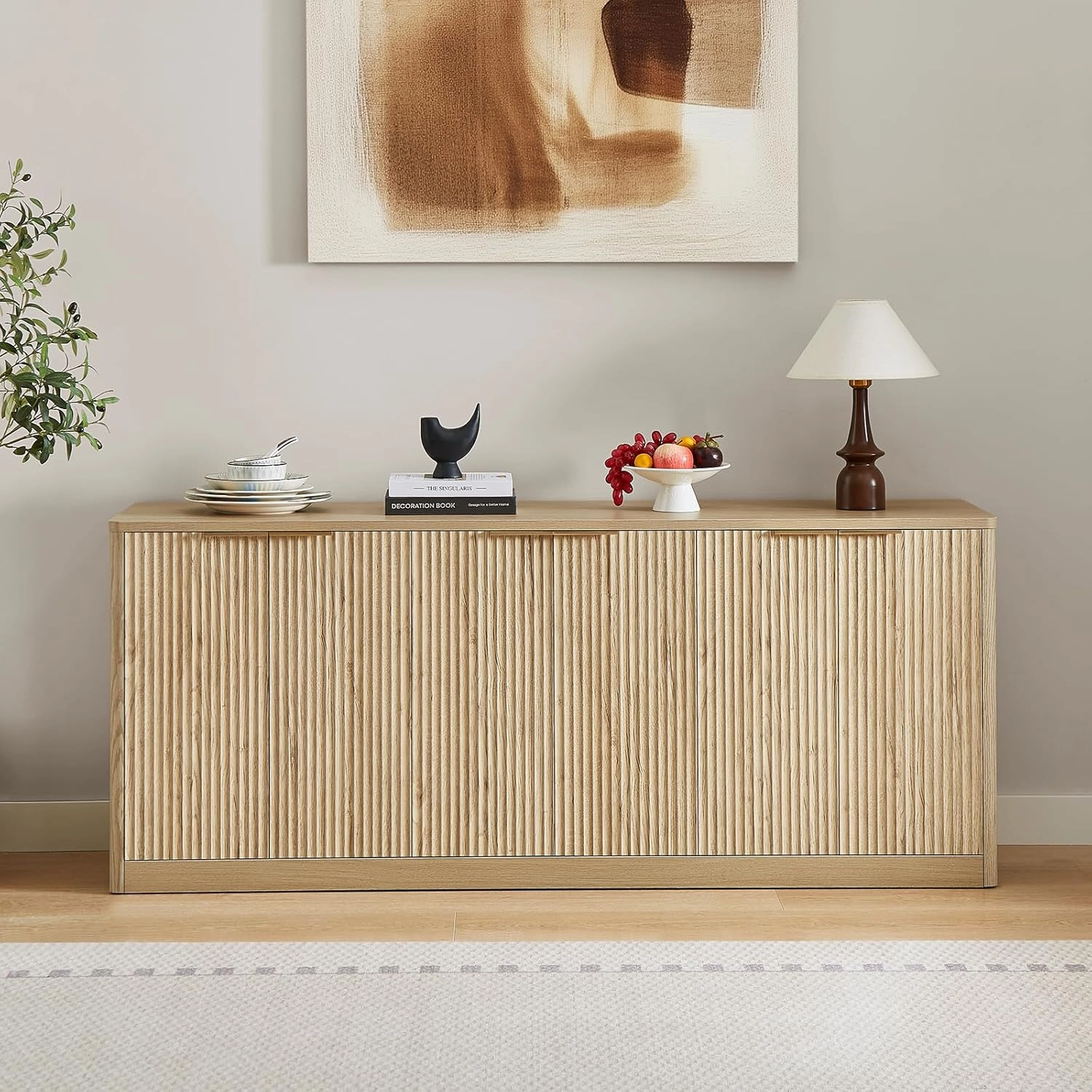 67" Fluted Oak Sideboard Buffet Cabinet with Storage, Large Buffet Cabinet with 6 Doors, Wood Mid Century Modern Sideboard for Kitchen and Living Room (67"*27.5"*15.7")