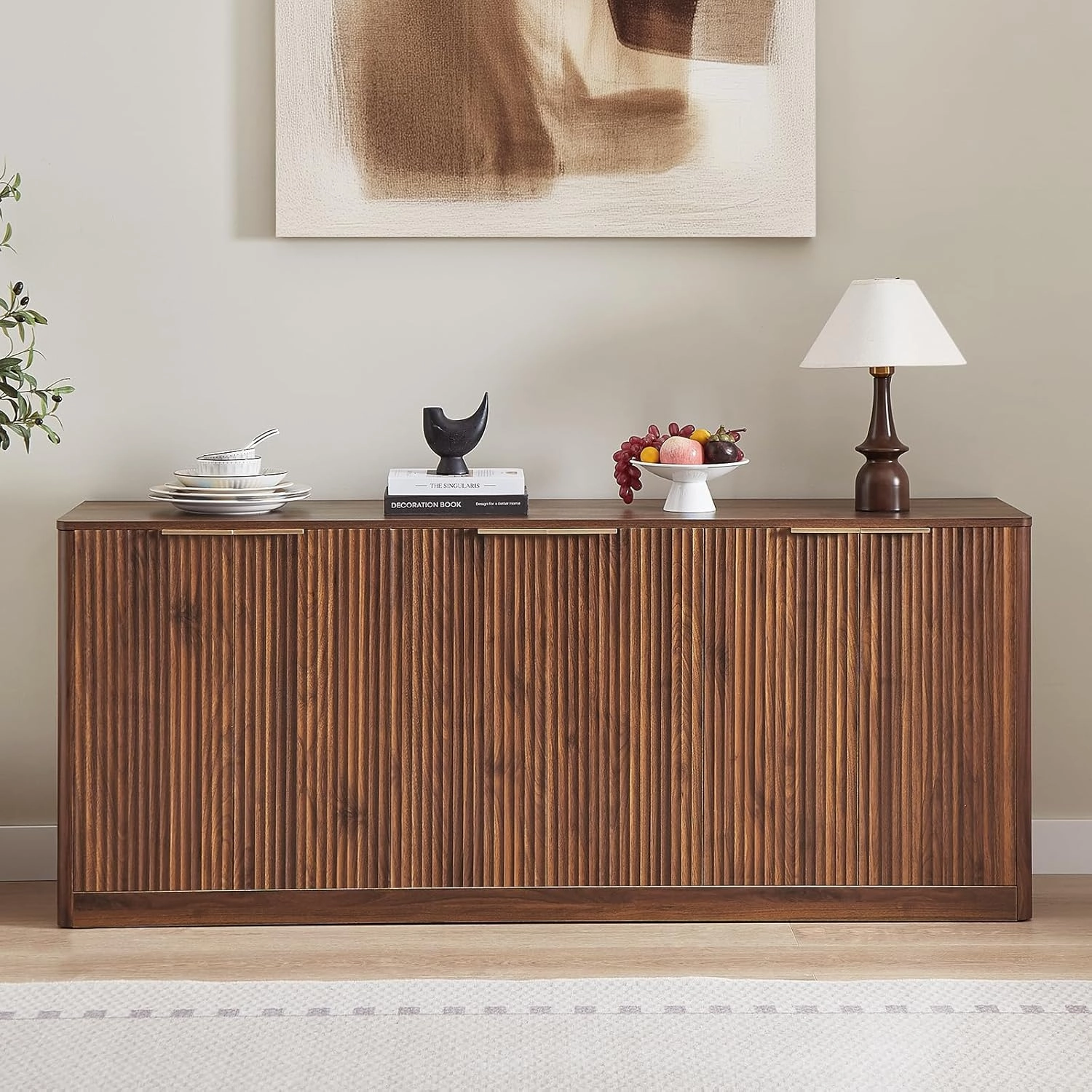 67" Walnut Fluted Sideboard Buffet Cabinet with Storage, Large Buffet Cabinet with 6 Doors, Wood Mid Century Modern Sideboard for Kitchen and Living Room