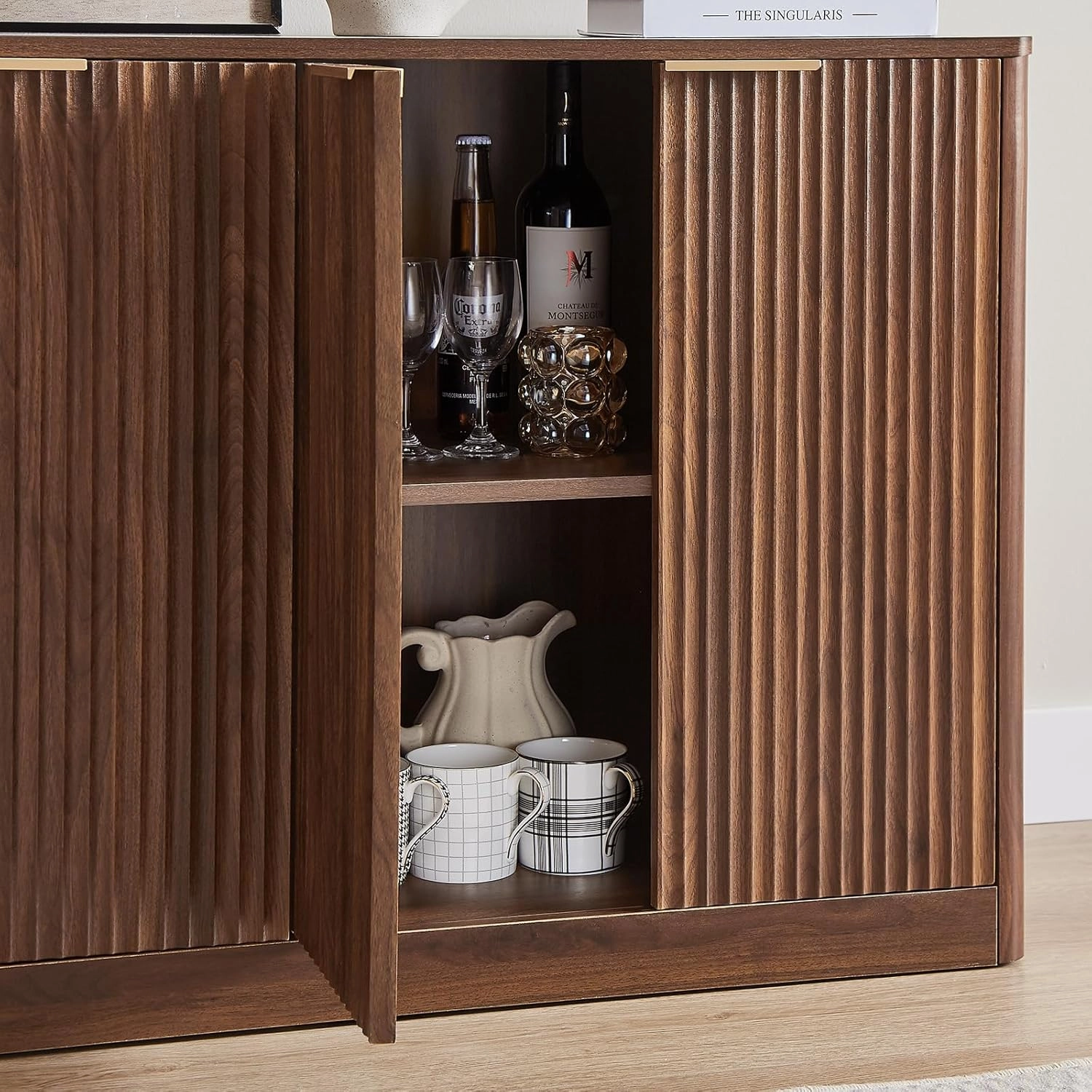 67" Walnut Fluted Sideboard Buffet Cabinet with Storage, Large Buffet Cabinet with 6 Doors, Wood Mid Century Modern Sideboard for Kitchen and Living Room