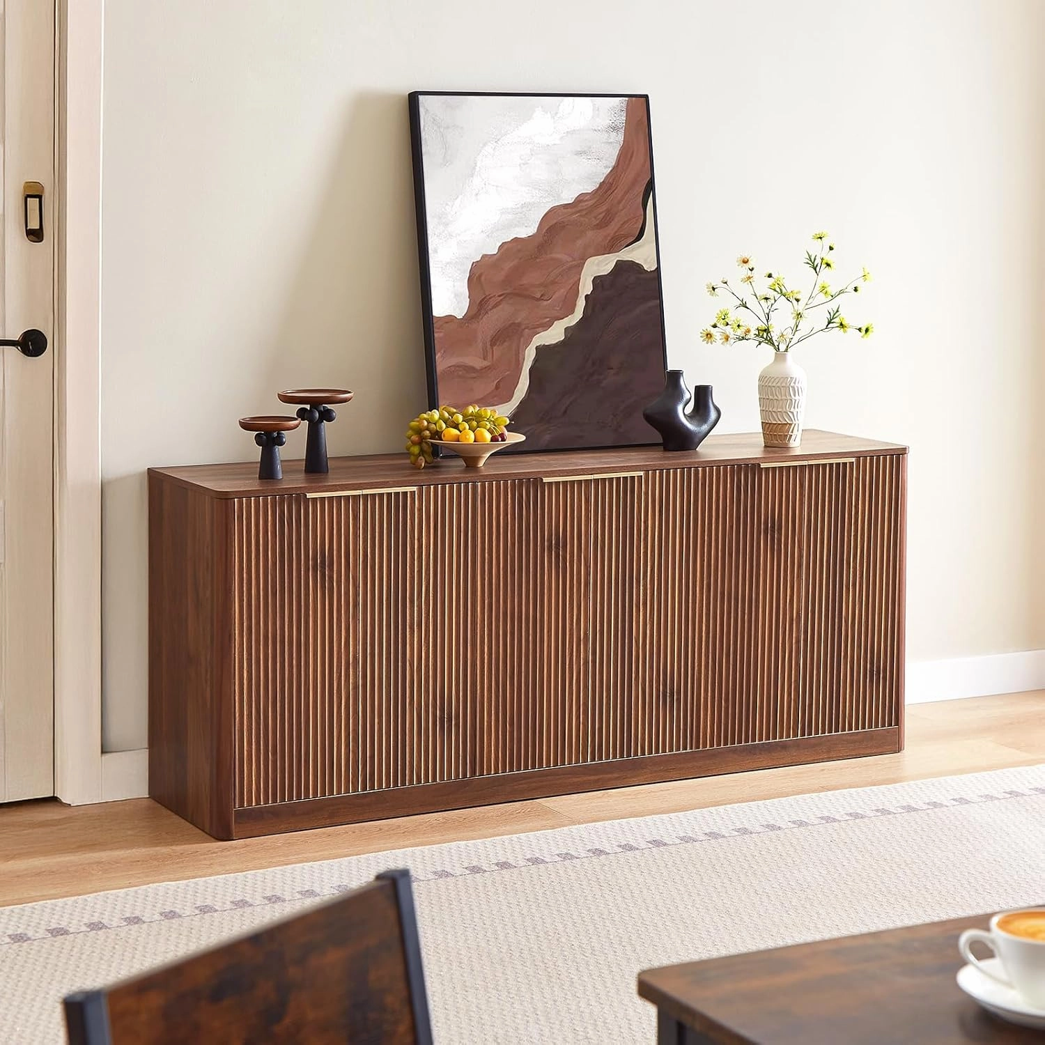 67" Walnut Fluted Sideboard Buffet Cabinet with Storage, Large Buffet Cabinet with 6 Doors, Wood Mid Century Modern Sideboard for Kitchen and Living Room