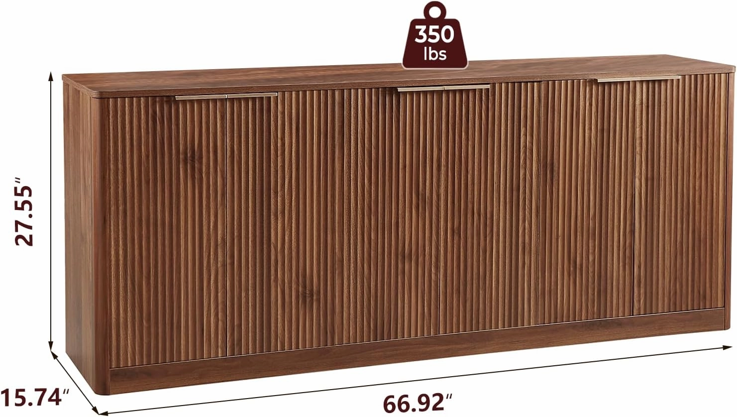 67" Walnut Fluted Sideboard Buffet Cabinet with Storage, Large Buffet Cabinet with 6 Doors, Wood Mid Century Modern Sideboard for Kitchen and Living Room