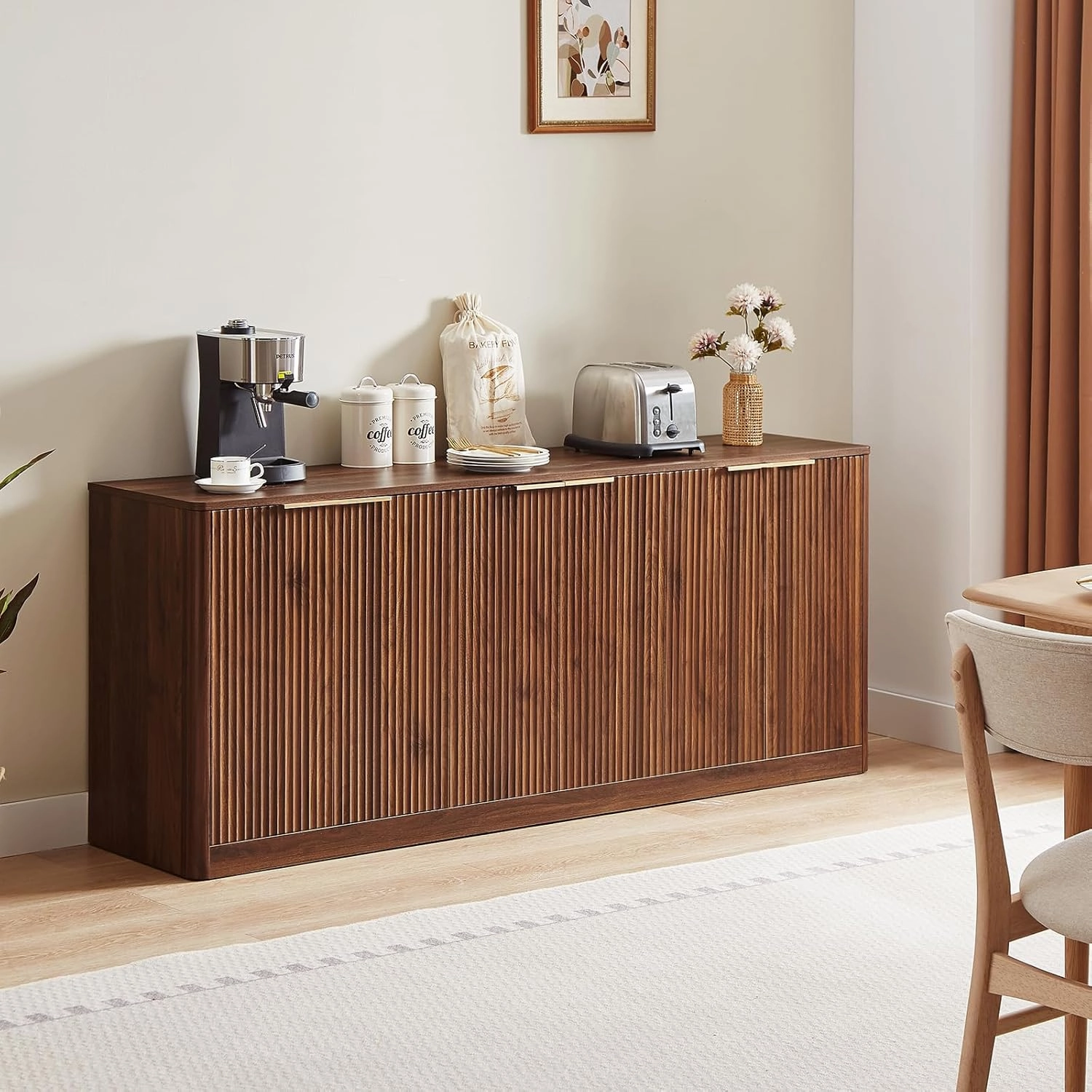 67" Walnut Fluted Sideboard Buffet Cabinet with Storage, Large Buffet Cabinet with 6 Doors, Wood Mid Century Modern Sideboard for Kitchen and Living Room