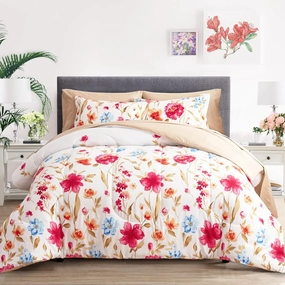 6 Piece Bed in a Bag Twin, Colorful Flower Golden Leaves Botanical Design, Microfiber Bedding Comforter Set for All Season (1 Comforter, 2 Pillow Shams, 1 Flat Sheet, 1 Fitted Sheet, 1 Pillowcase)
