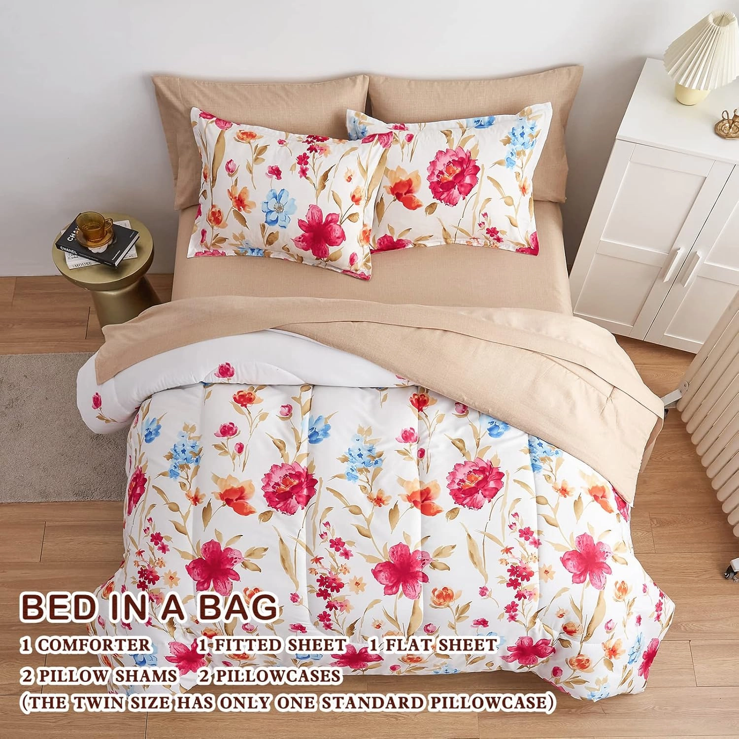 6 Piece Bed in a Bag Twin, Colorful Flower Golden Leaves Botanical Design, Microfiber Bedding Comforter Set for All Season (1 Comforter, 2 Pillow Shams, 1 Flat Sheet, 1 Fitted Sheet, 1 Pillowcase)
