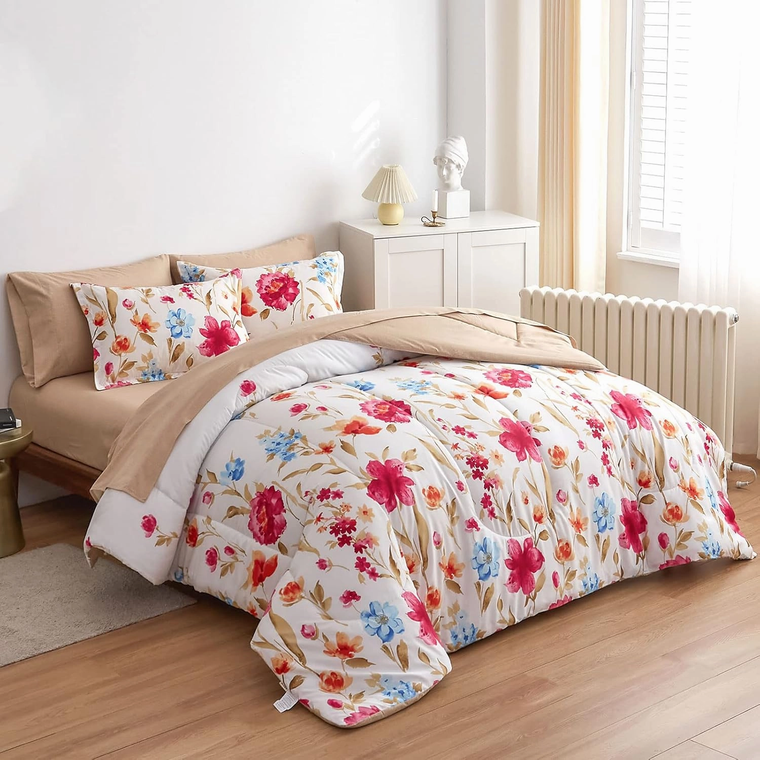 6 Piece Bed in a Bag Twin, Colorful Flower Golden Leaves Botanical Design, Microfiber Bedding Comforter Set for All Season (1 Comforter, 2 Pillow Shams, 1 Flat Sheet, 1 Fitted Sheet, 1 Pillowcase)