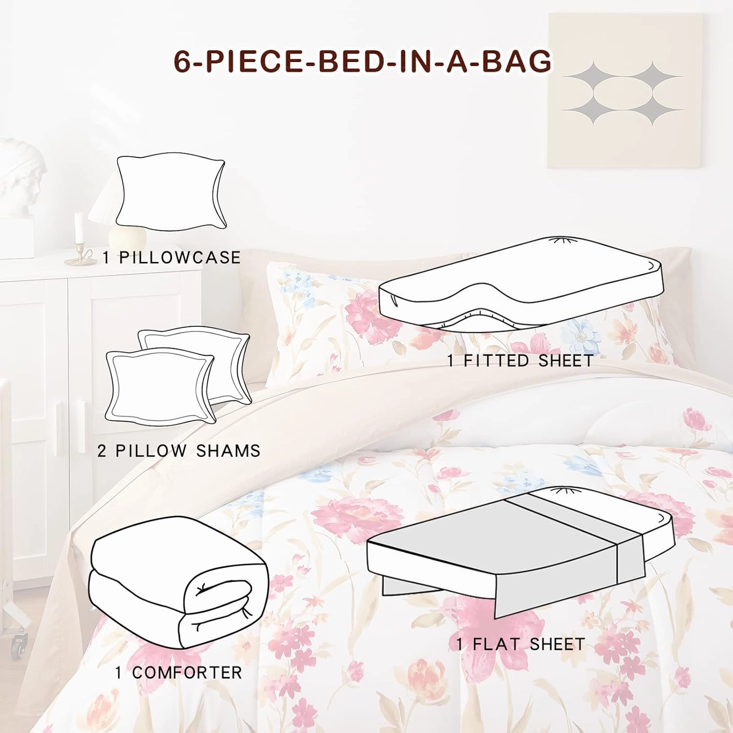 6 Piece Bed in a Bag Twin, Colorful Flower Golden Leaves Botanical Design, Microfiber Bedding Comforter Set for All Season (1 Comforter, 2 Pillow Shams, 1 Flat Sheet, 1 Fitted Sheet, 1 Pillowcase)