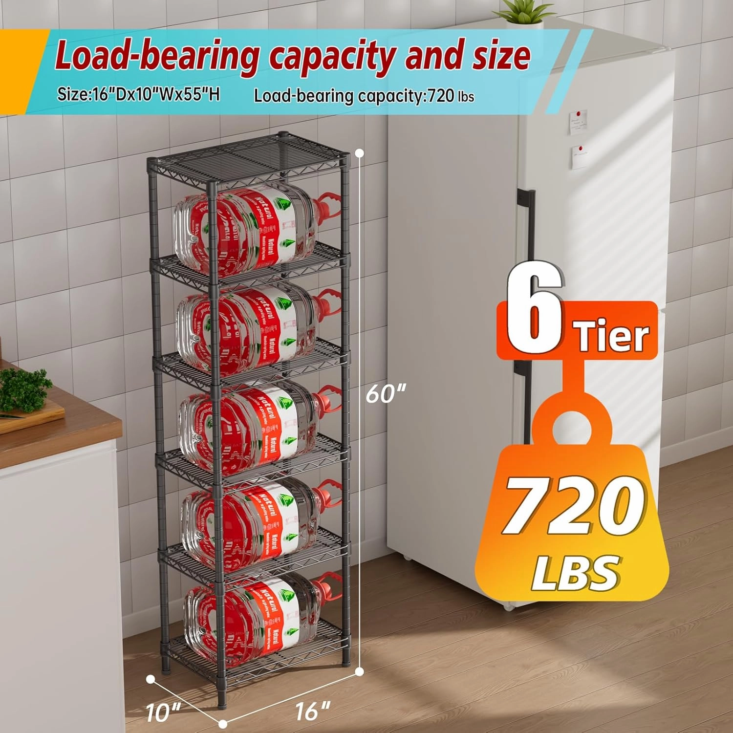 6 Tier Adjustable Storage Shelves Narrow Mesh Gaps Metal Utility Shelf Wire Shelving Unit Organizer Rack for Home Kitchen Office Bathroom Pantry Room10 D x 16" W x 60" H Black