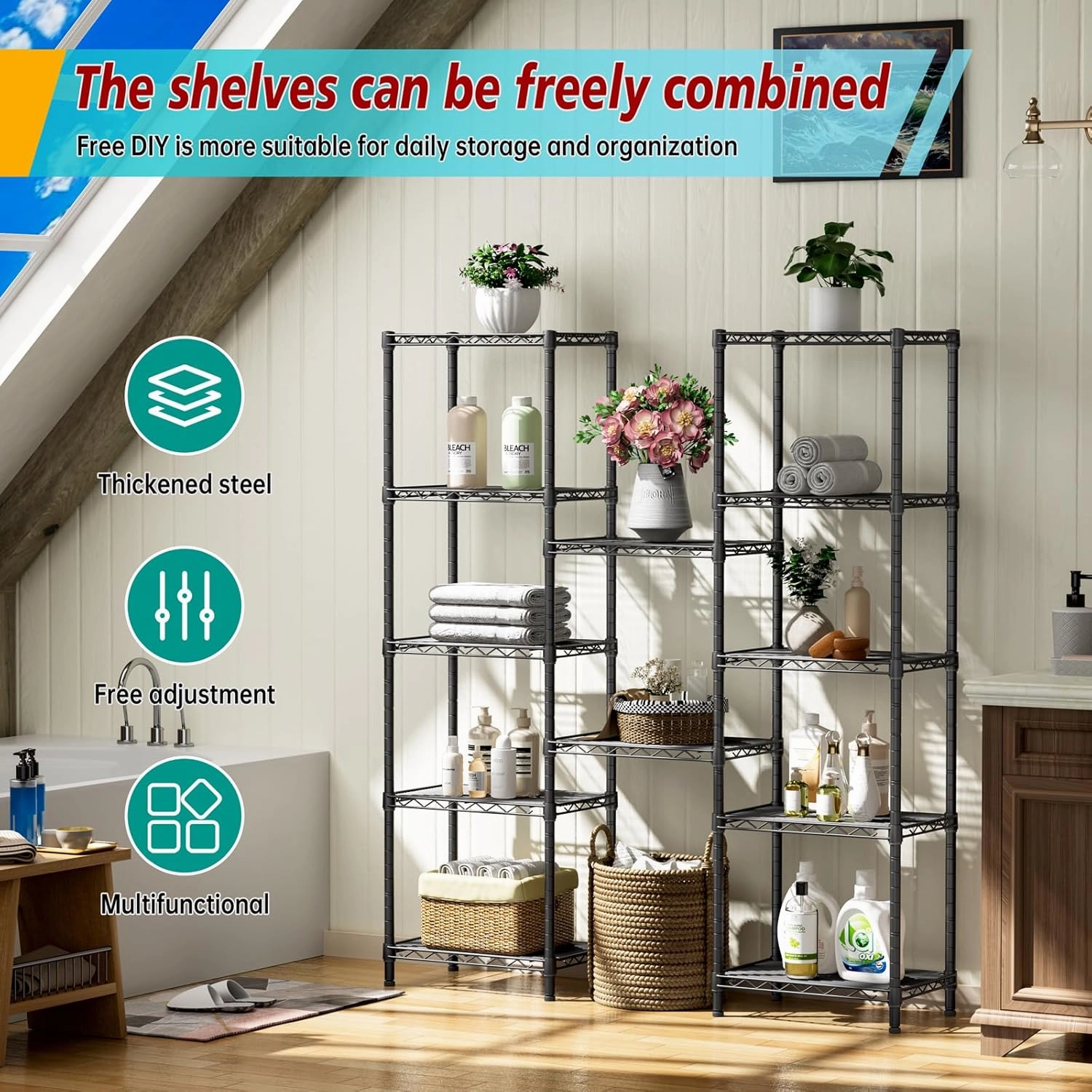 6 Tier Adjustable Storage Shelves Narrow Mesh Gaps Metal Utility Shelf Wire Shelving Unit Organizer Rack for Home Kitchen Office Bathroom Pantry Room10 D x 16" W x 60" H Black