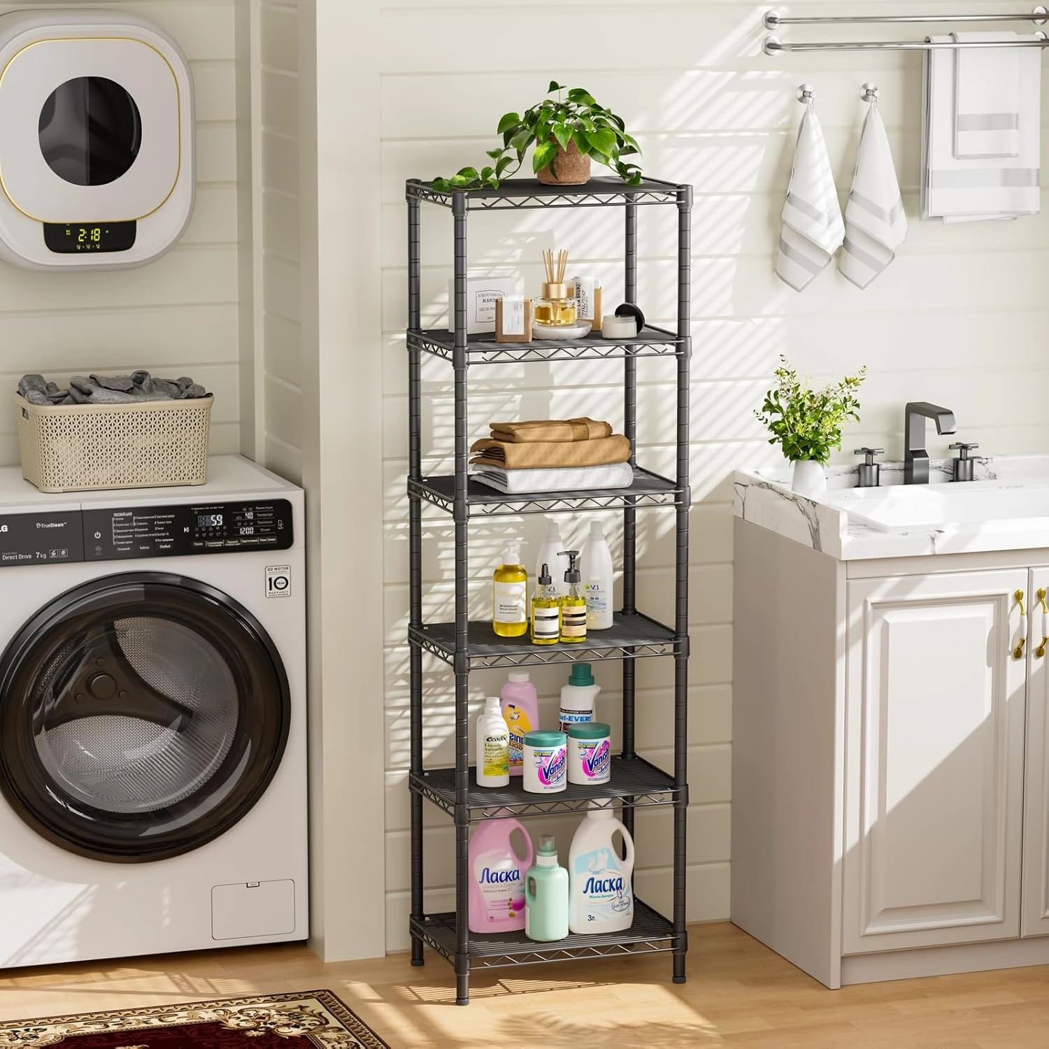 6 Tier Adjustable Storage Shelves Narrow Mesh Gaps Metal Utility Shelf Wire Shelving Unit Organizer Rack for Home Kitchen Office Bathroom Pantry Room10 D x 16" W x 60" H Black