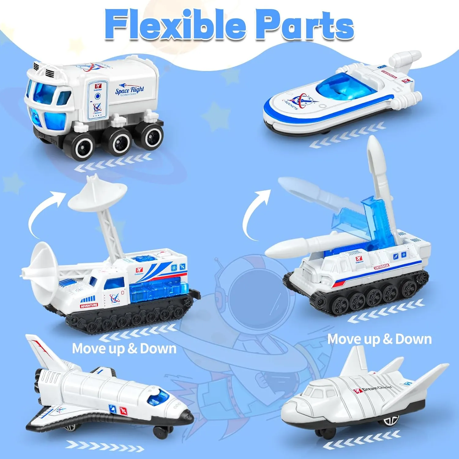 6Pcs Diecast Space Toys with Astronaut Figure, 1:64 Scale Rocket Ship, Explorer, Space Shuttle Toy for Kids 3-5 6 7 8 9 Spaceship Rocket Playset for Boys Girls Birthday Gift