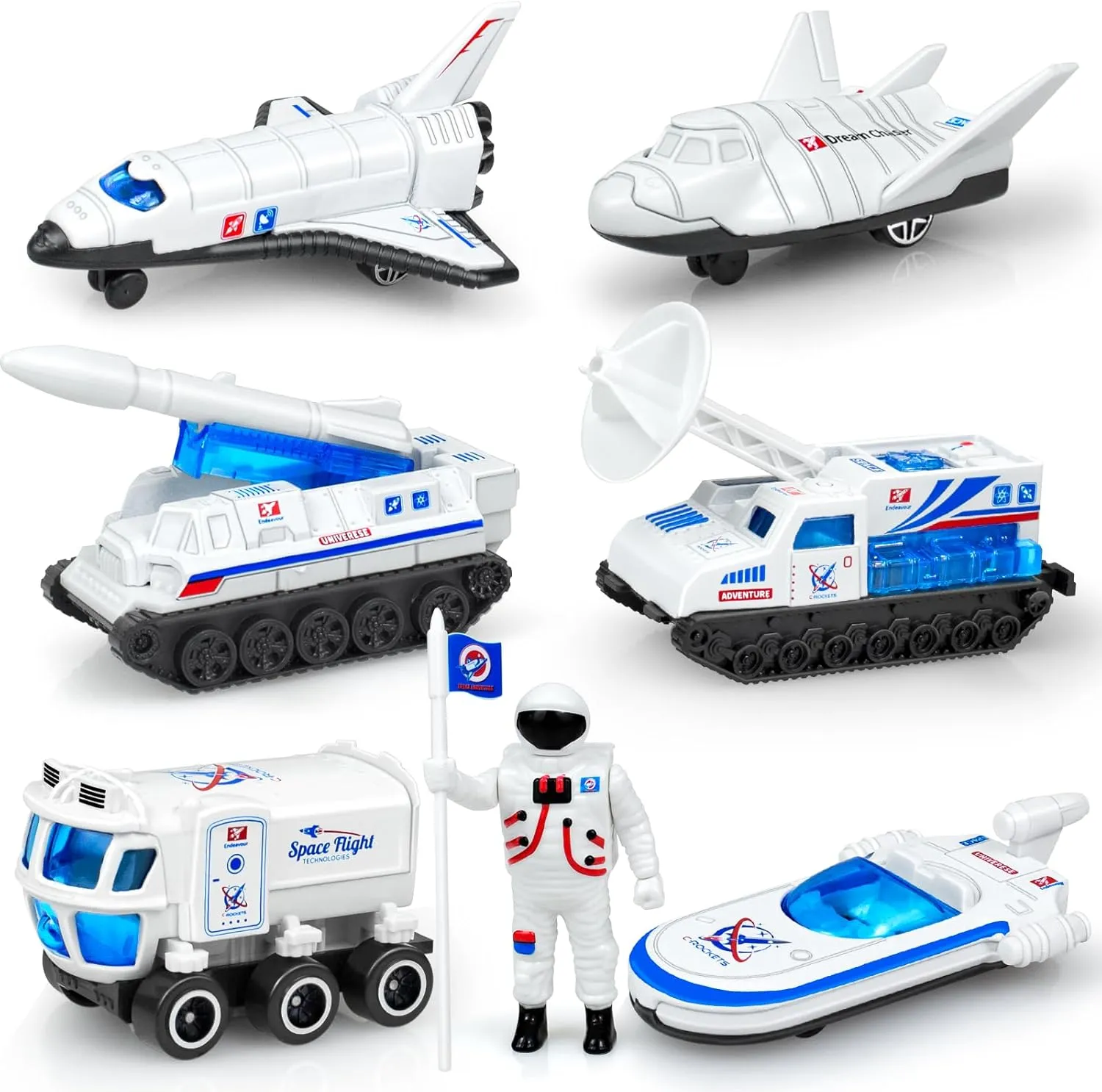 6Pcs Diecast Space Toys with Astronaut Figure, 1:64 Scale Rocket Ship, Explorer, Space Shuttle Toy for Kids 3-5 6 7 8 9 Spaceship Rocket Playset for Boys Girls Birthday Gift