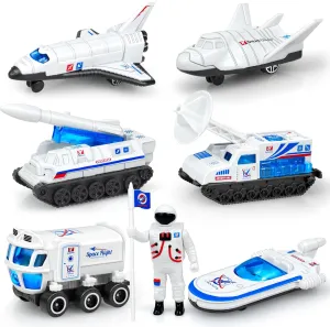 6Pcs Diecast Space Toys with Astronaut Figure, 1:64 Scale Rocket Ship, Explorer, Space Shuttle Toy for Kids 3-5 6 7 8 9 Spaceship Rocket Playset for Boys Girls Birthday Gift
