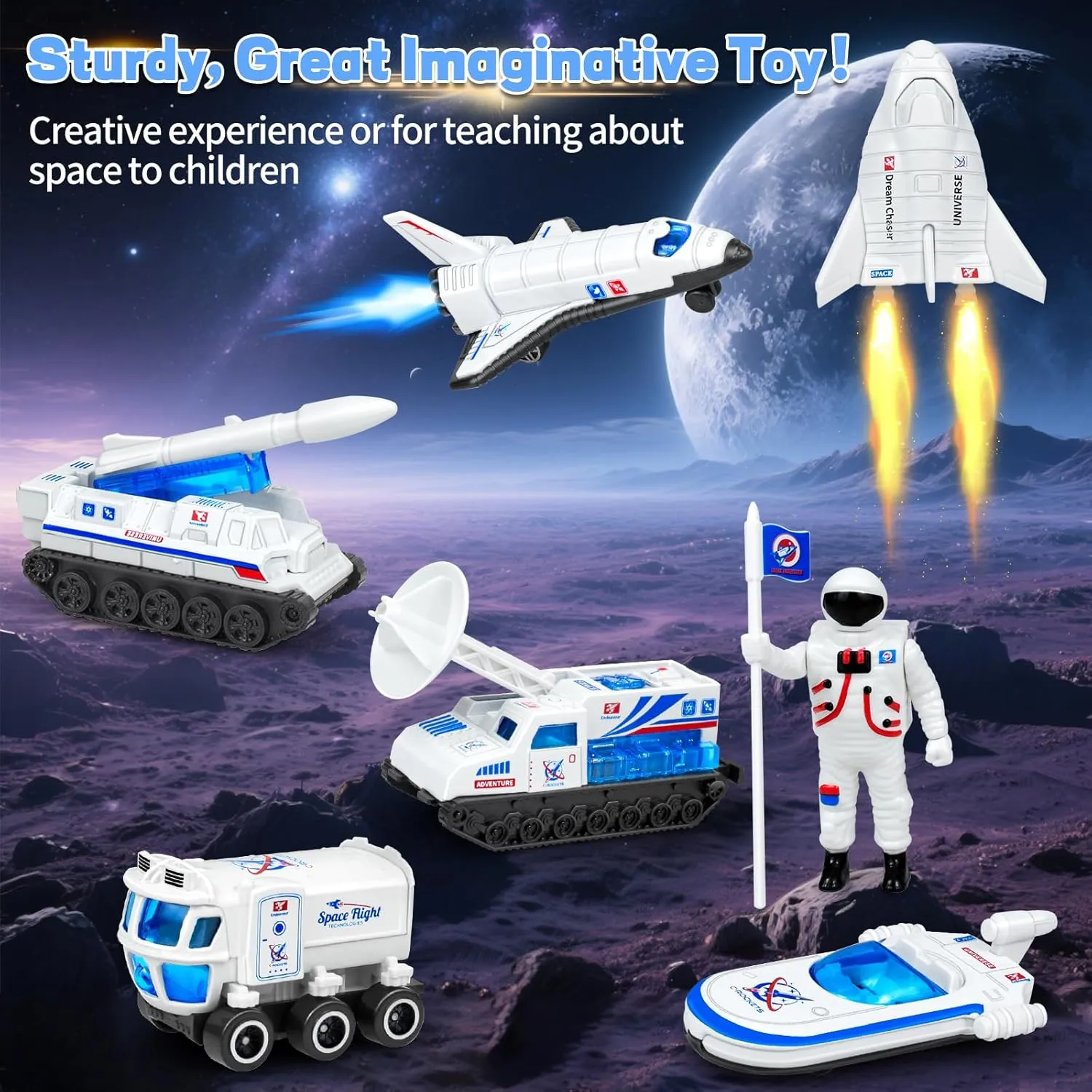 6Pcs Diecast Space Toys with Astronaut Figure, 1:64 Scale Rocket Ship, Explorer, Space Shuttle Toy for Kids 3-5 6 7 8 9 Spaceship Rocket Playset for Boys Girls Birthday Gift