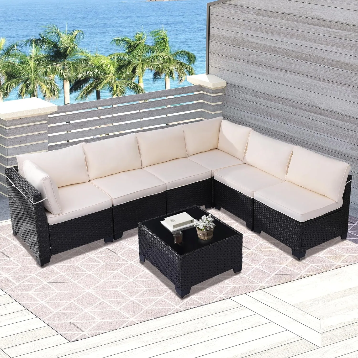 7 Piece Outdoor Patio Furniture Set, Rattan Chairs Glass Table Wicker Conversation Seating Sectional Sofa with Cushions Colorful (A-Black-White, A-7 Pieces-Tilted Back)