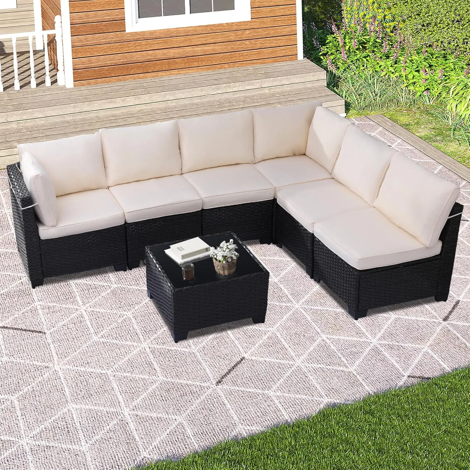 7 Piece Outdoor Patio Furniture Set, Rattan Chairs Glass Table Wicker Conversation Seating Sectional Sofa with Cushions Colorful (A-Black-White, A-7 Pieces-Tilted Back)