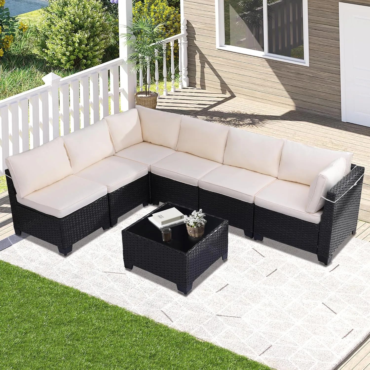 7 Piece Outdoor Patio Furniture Set, Rattan Chairs Glass Table Wicker Conversation Seating Sectional Sofa with Cushions Colorful (A-Black-White, A-7 Pieces-Tilted Back)