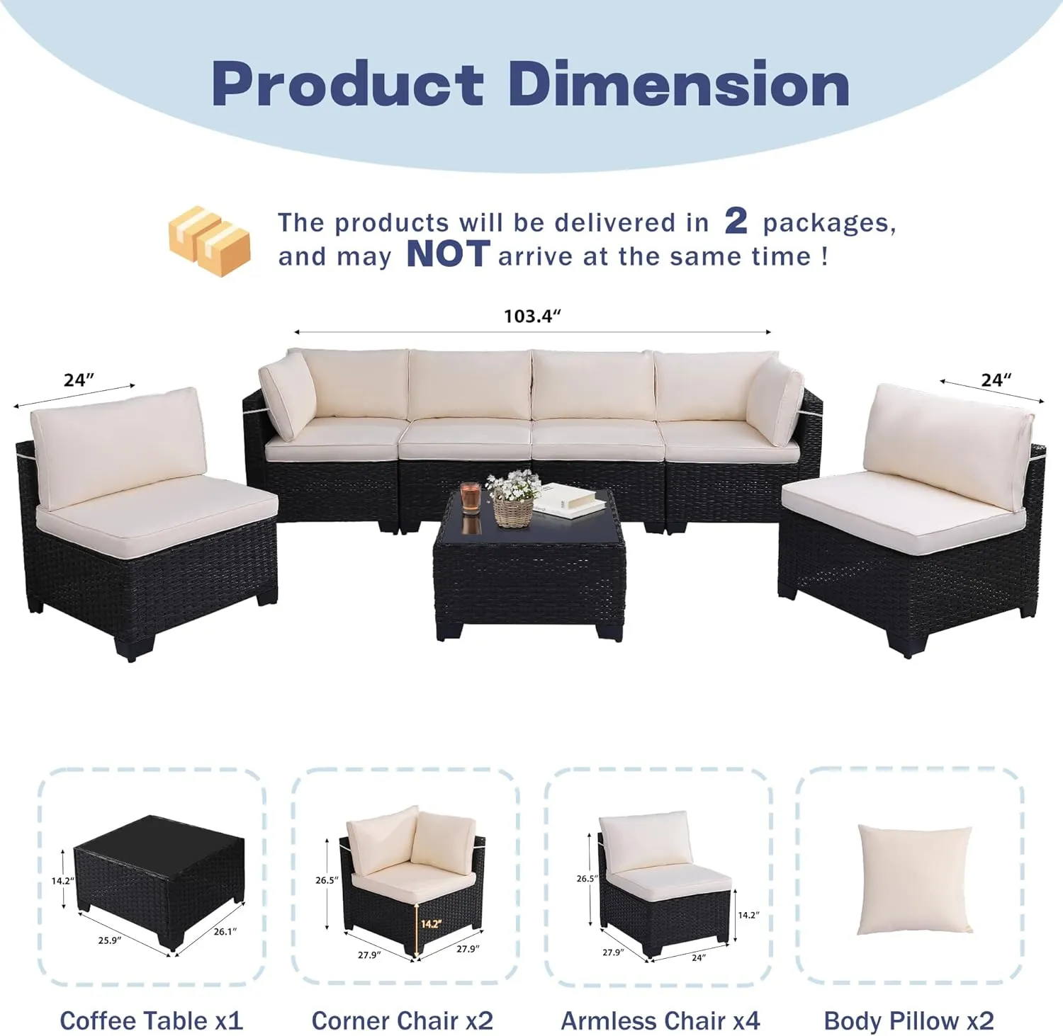 7 Piece Outdoor Patio Furniture Set, Rattan Chairs Glass Table Wicker Conversation Seating Sectional Sofa with Cushions Colorful (A-Black-White, A-7 Pieces-Tilted Back)