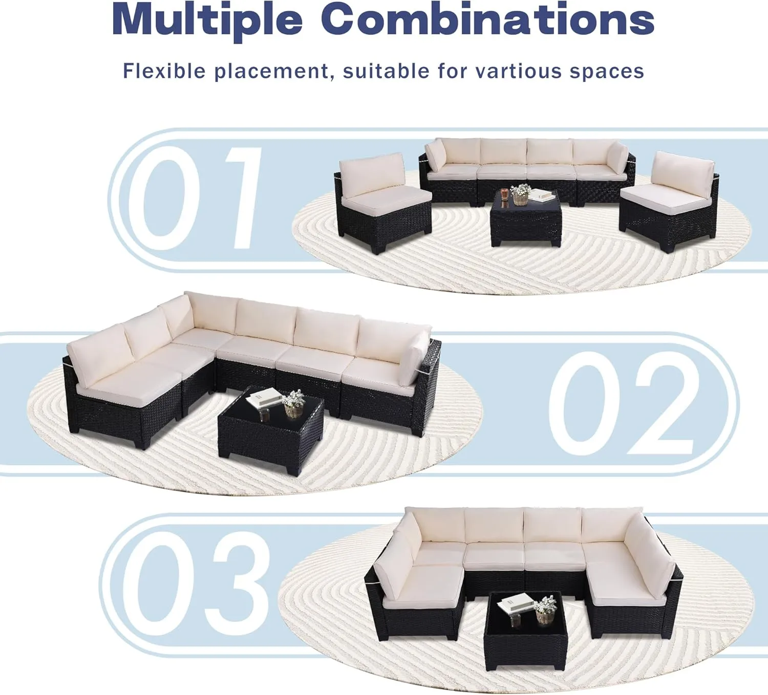 7 Piece Outdoor Patio Furniture Set, Rattan Chairs Glass Table Wicker Conversation Seating Sectional Sofa with Cushions Colorful (A-Black-White, A-7 Pieces-Tilted Back)