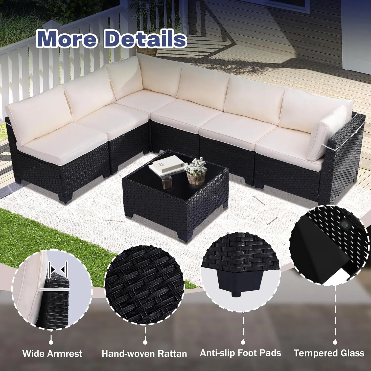 7 Piece Outdoor Patio Furniture Set, Rattan Chairs Glass Table Wicker Conversation Seating Sectional Sofa with Cushions Colorful (A-Black-White, A-7 Pieces-Tilted Back)