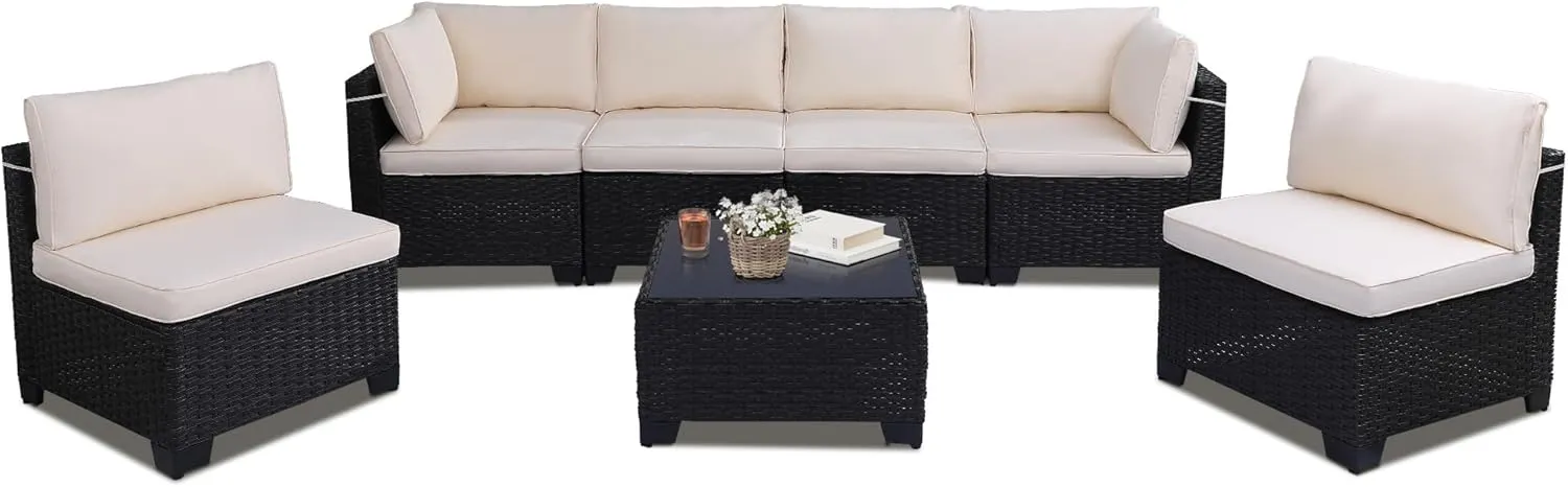 7 Piece Outdoor Patio Furniture Set, Rattan Chairs Glass Table Wicker Conversation Seating Sectional Sofa with Cushions Colorful (A-Black-White, A-7 Pieces-Tilted Back)