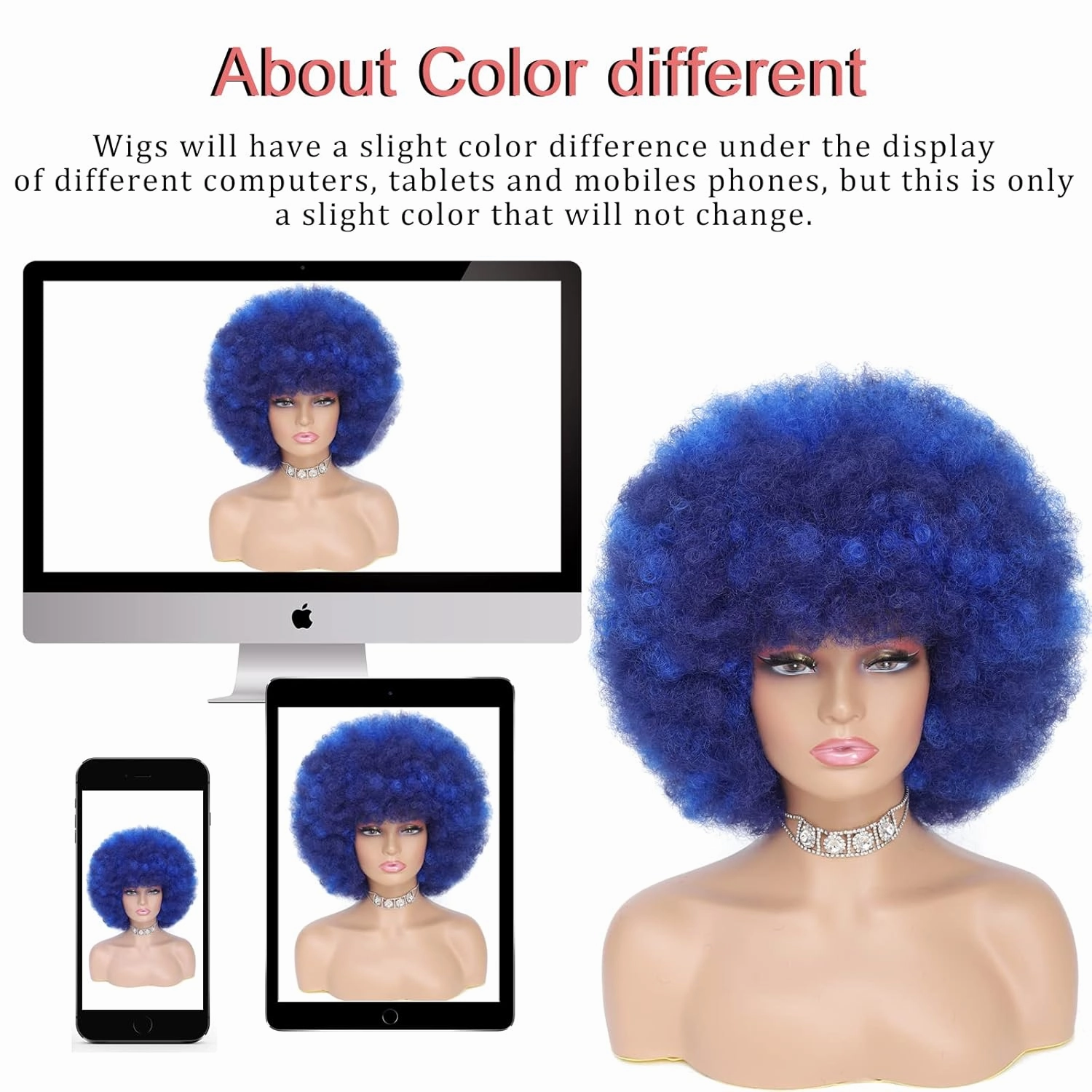 70s Afro Kinky Curly Wig For Women - Soft, Bouncy, Natural Looking Synthetic Hair - Blue Color, With Bangs