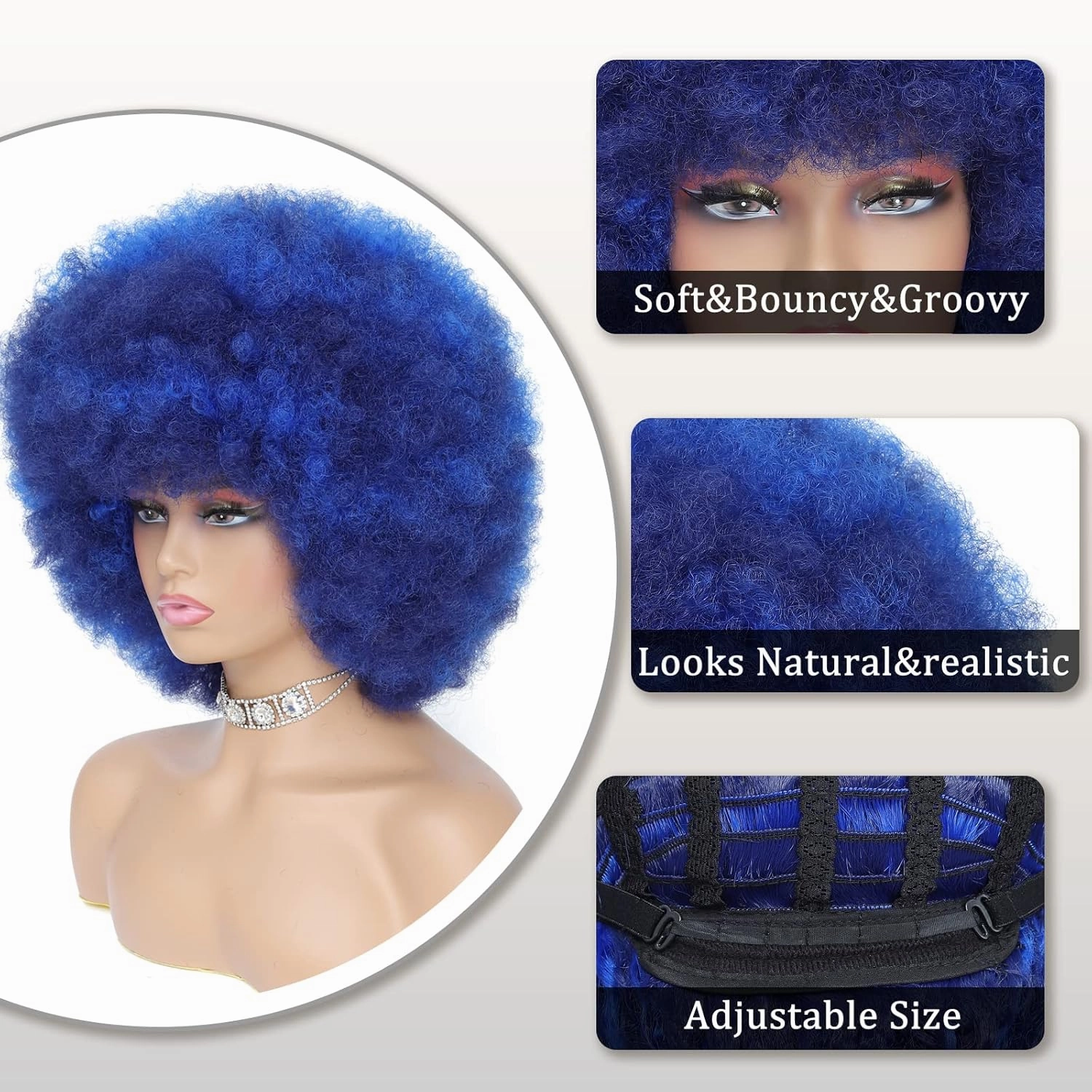 70s Afro Kinky Curly Wig For Women - Soft, Bouncy, Natural Looking Synthetic Hair - Blue Color, With Bangs