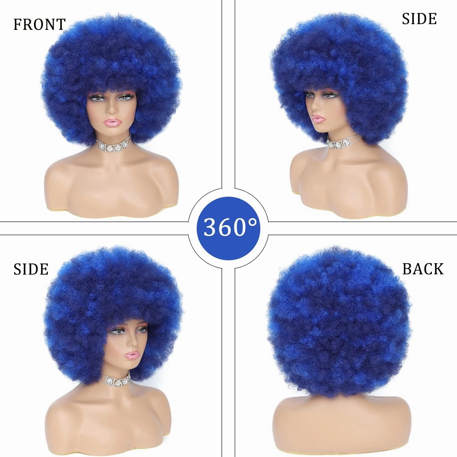 70s Afro Kinky Curly Wig For Women - Soft, Bouncy, Natural Looking Synthetic Hair - Blue Color, With Bangs