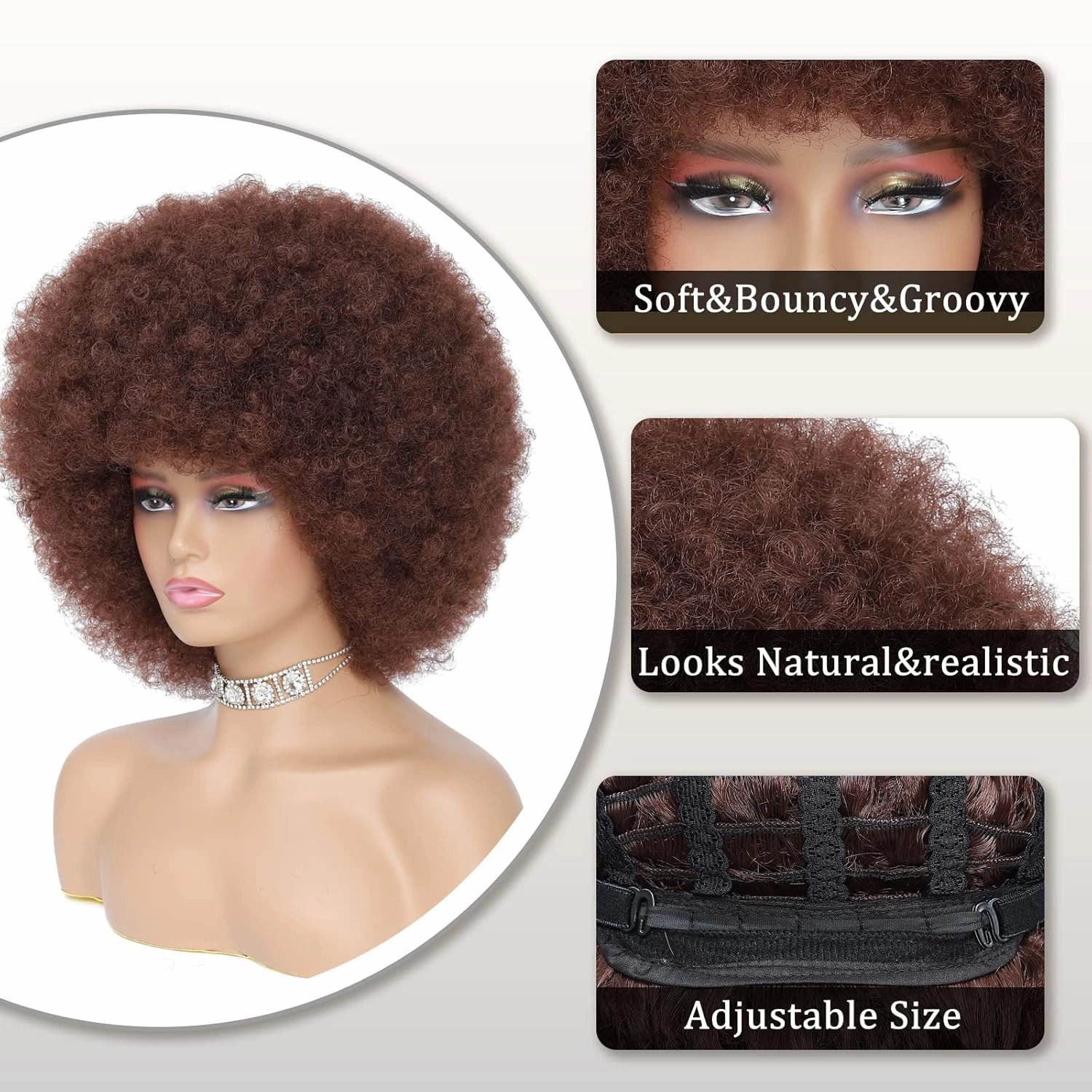 70s Afro Kinky Curly Wig For Women, Brown, Synthetic Fibers, Soft, Bouncy, Natural Looking, With Bangs